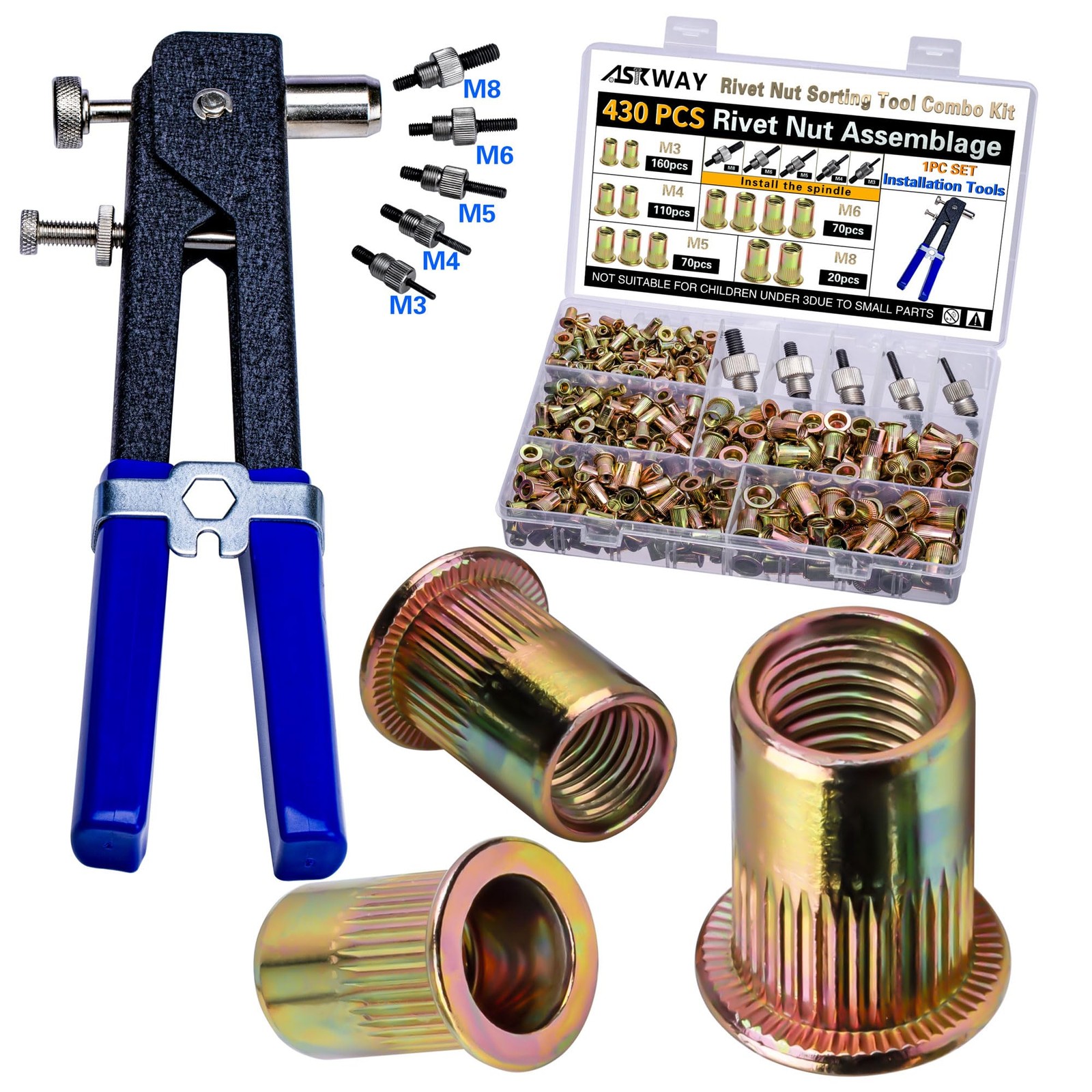 Pressure Rivet Nut Tool Kit, 430Pcs Metric Rivet Nut Combination M8/M6/M5/M4/…