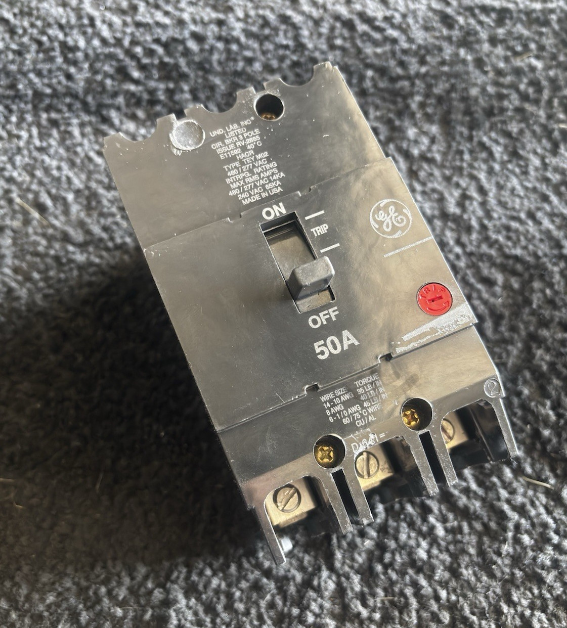 GE TEYM02350 50A 3-Pole AC Circuit Breaker 451-500V HACR Trip Indicator