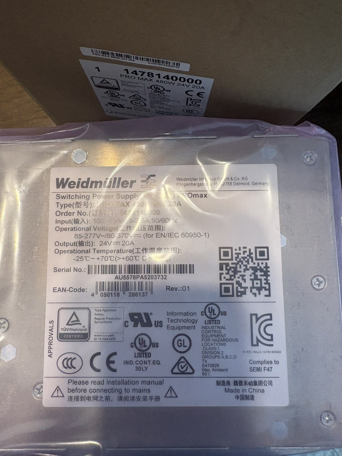 1pcs Weidmuller PRO MAX 480W 24V 20A 1478140000 Switching Power Supply