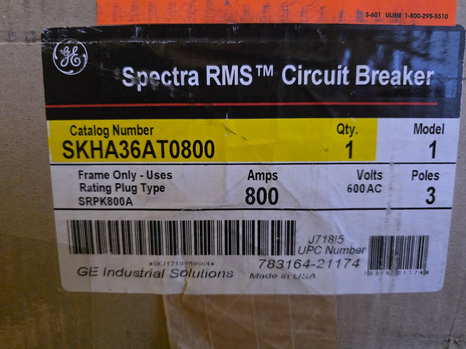 New – GE SKHA36AT0800 Spectra RMS Circuit Breaker – 800A 600V 3-Pole w/ Plug