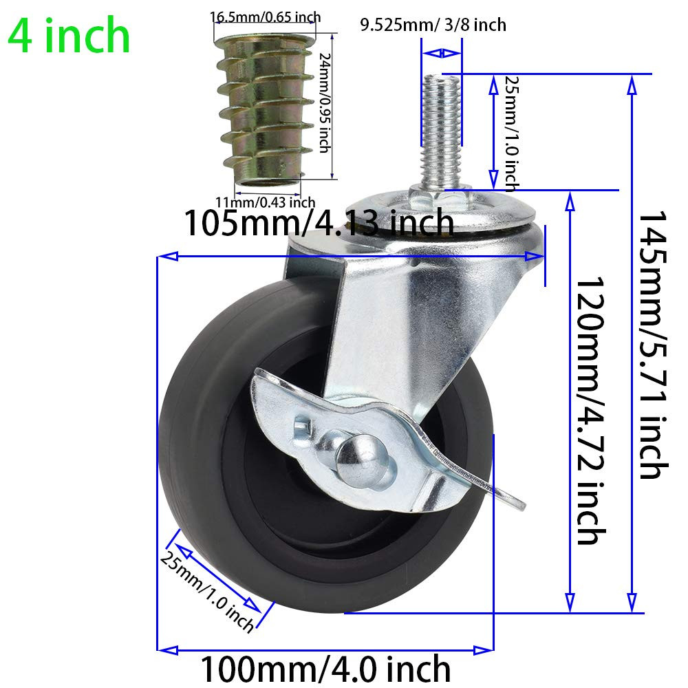 Stem Casters with Imperial 3/8-16X25Mm Stem Thread Heavy Duty and Highly-Elastic