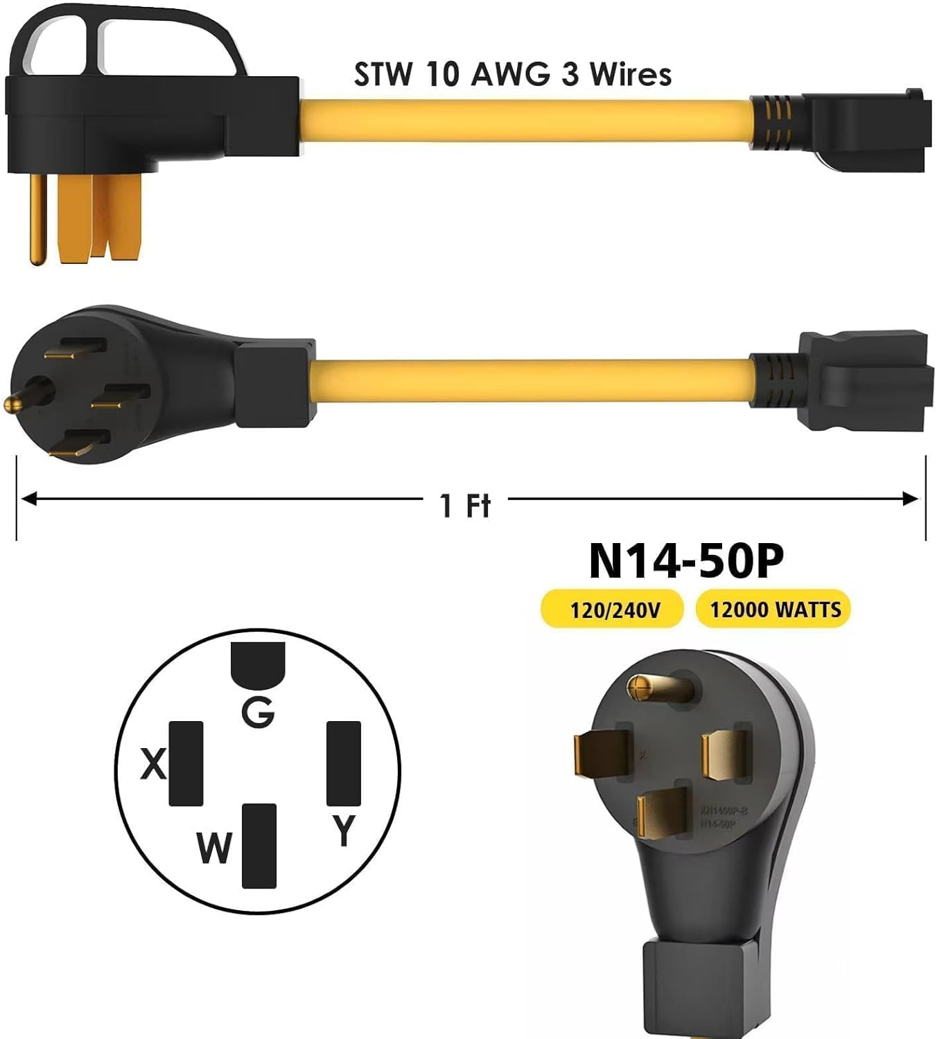 10 AWG Heavy Duty NEMA 14-50P to 6-20R 250 Volt 4-Prong 50 Amp to 20 Amp Adapter