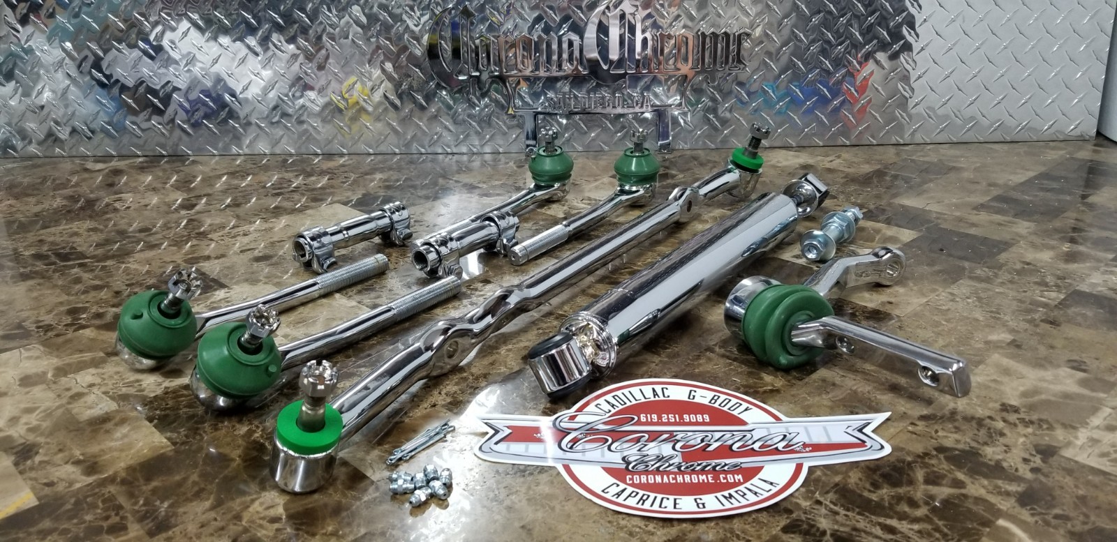 Chrome Steering Linkage Kit with Damper Shock 77-96 Cadillac/Caprice
