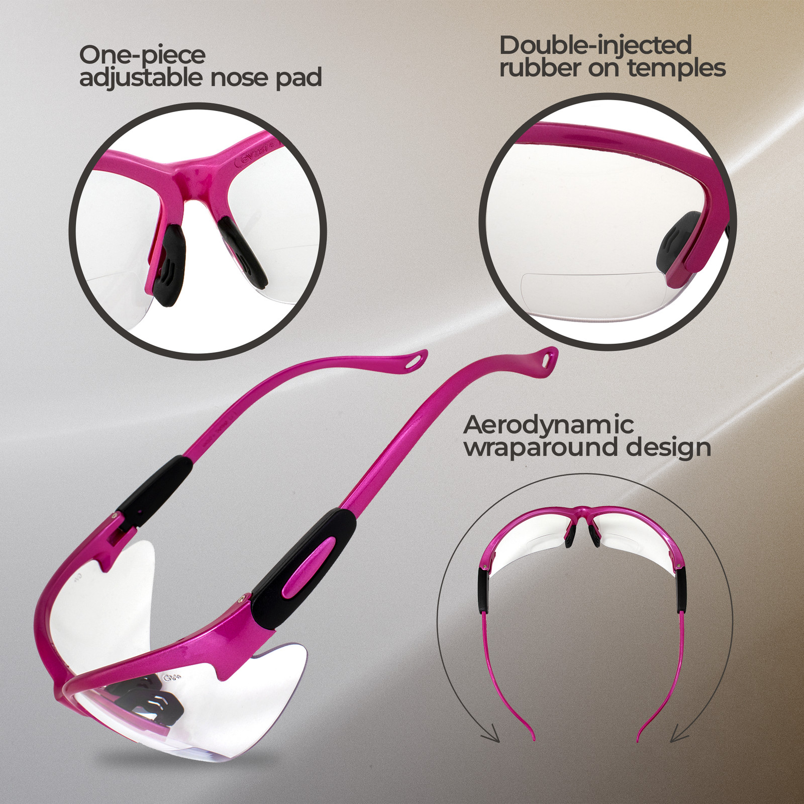 Cougar Pink Womens Bifocal Safety Glasses 2.5 Clear Shatterproof Lenses