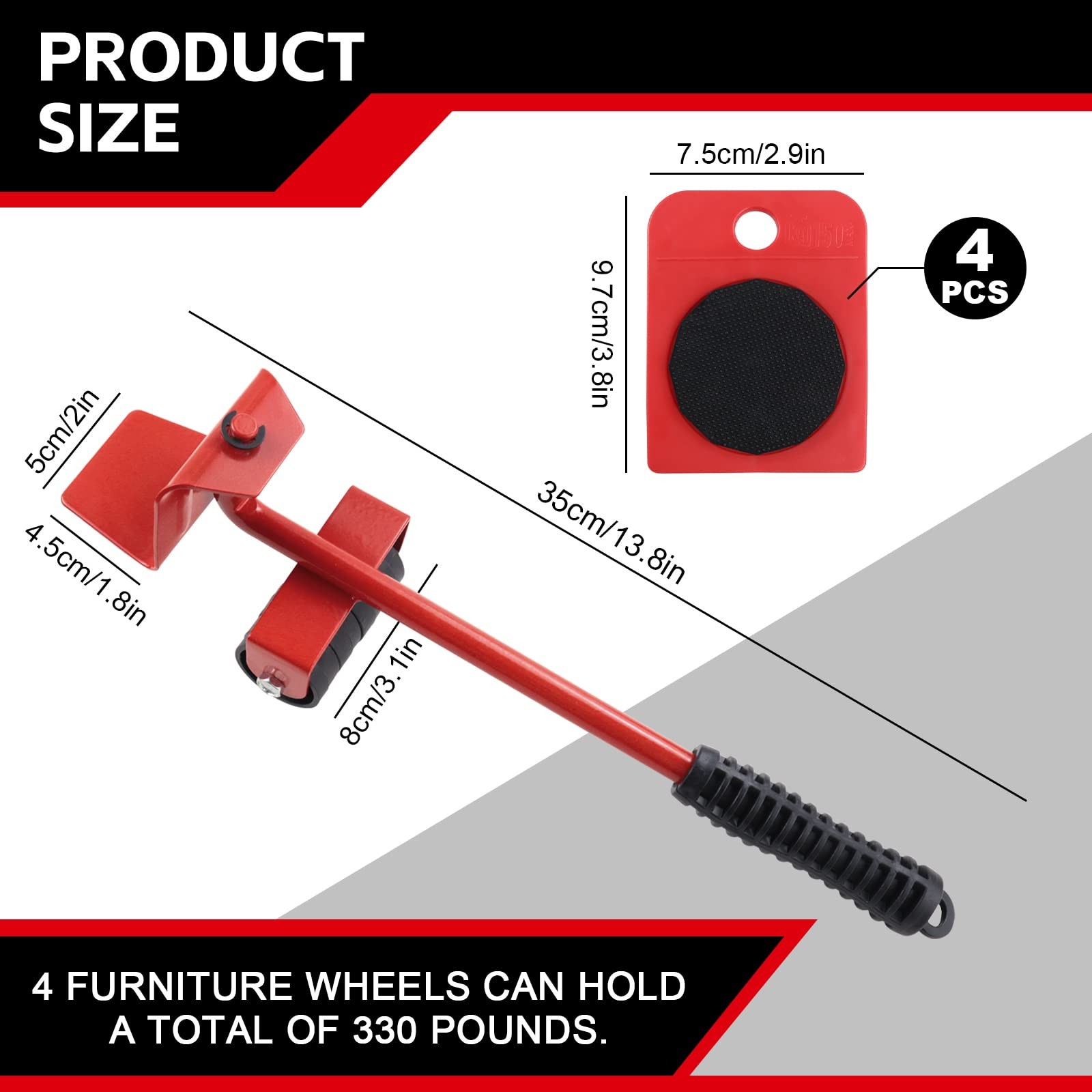Furniture Dolly with 4 Wheels & Furniture Lifter, 330 Lbs Load Capacity Movin…