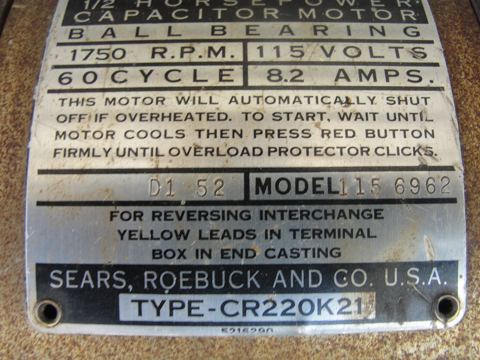 Craftsman 1/2 Hp Electric Motor 1750 RPM 115V 8.2 AMP Model 115.6962 Read Descri
