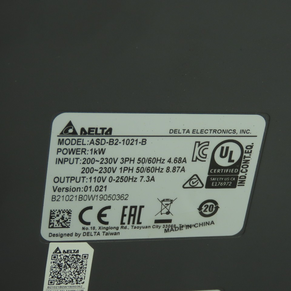 Delta ASD-B2-1021-B AC Servo Drive 3Ph 230V 4.68A Input 110V 7.3A Output 1kW