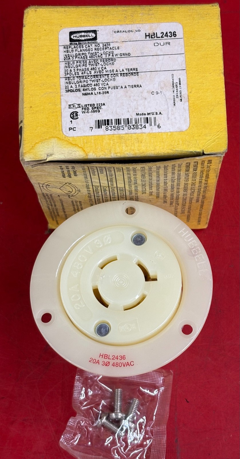 NEW HUBBELL HBL2436 TWIST-LOCK FLANGED RECEPTACLE 20A 3 PHASE 480V 3P4W GROUND