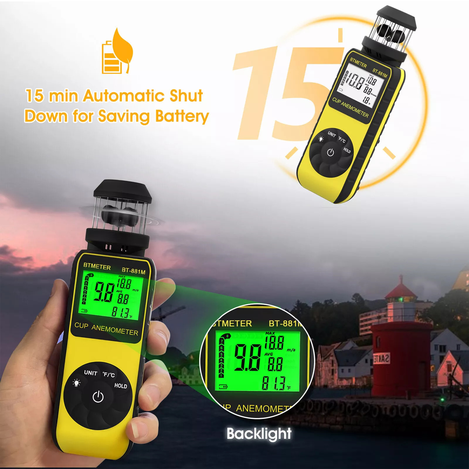 Anemometer Wind Speed Meter & temp LCD Backlight Data Hold mph/℉ Air Flow Gauge