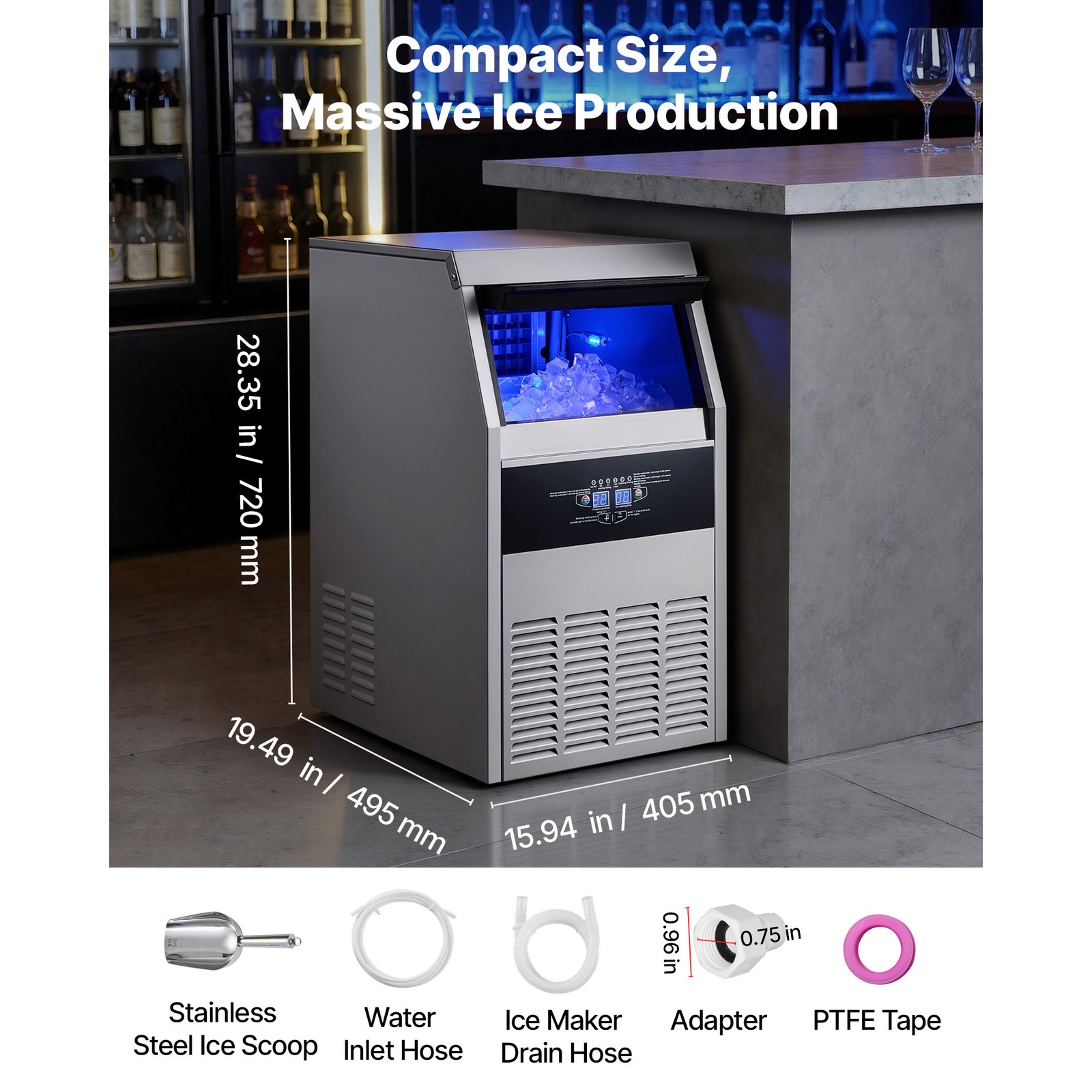 Uimoso Commercial Ice Maker 130 lbs/24h Ice Machine 16-30 lbs Storage Restaurant