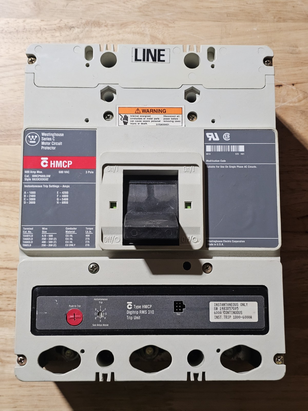 Westinghouse HMCP600L6W 600A 600V 3 Pole Motor Circuit Protector Breaker HMCP