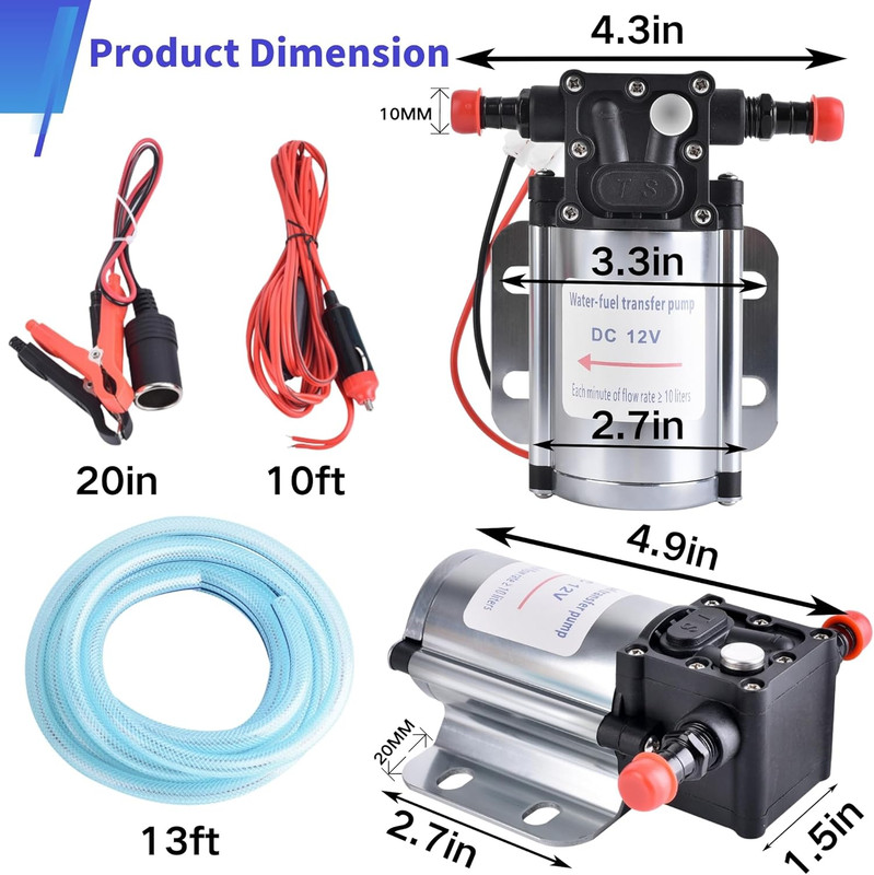 12V Electric Fuel Transfer Pump Kit For Gas Diesel w/ Hose Clips Cables 120GPH