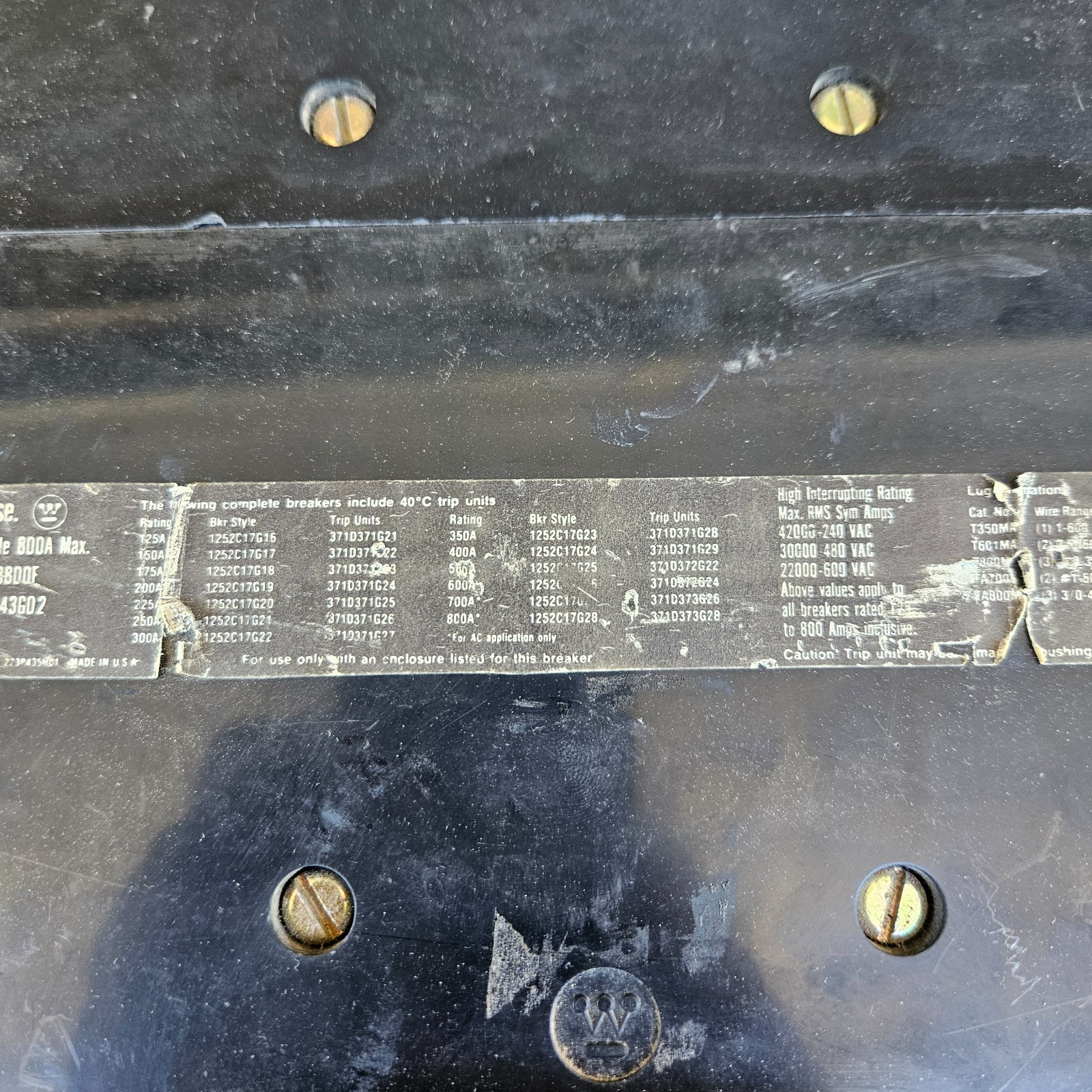 MA3800F 800A Breaker 600V w/500A Trip Unit – Westinghouse