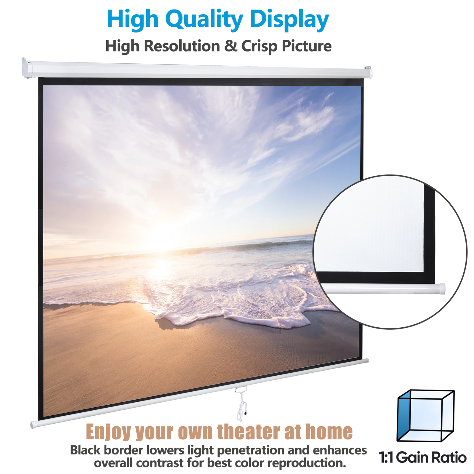 120» Projector Screen Projection Screen Manual Pull Down HD Screen 1:1 Format