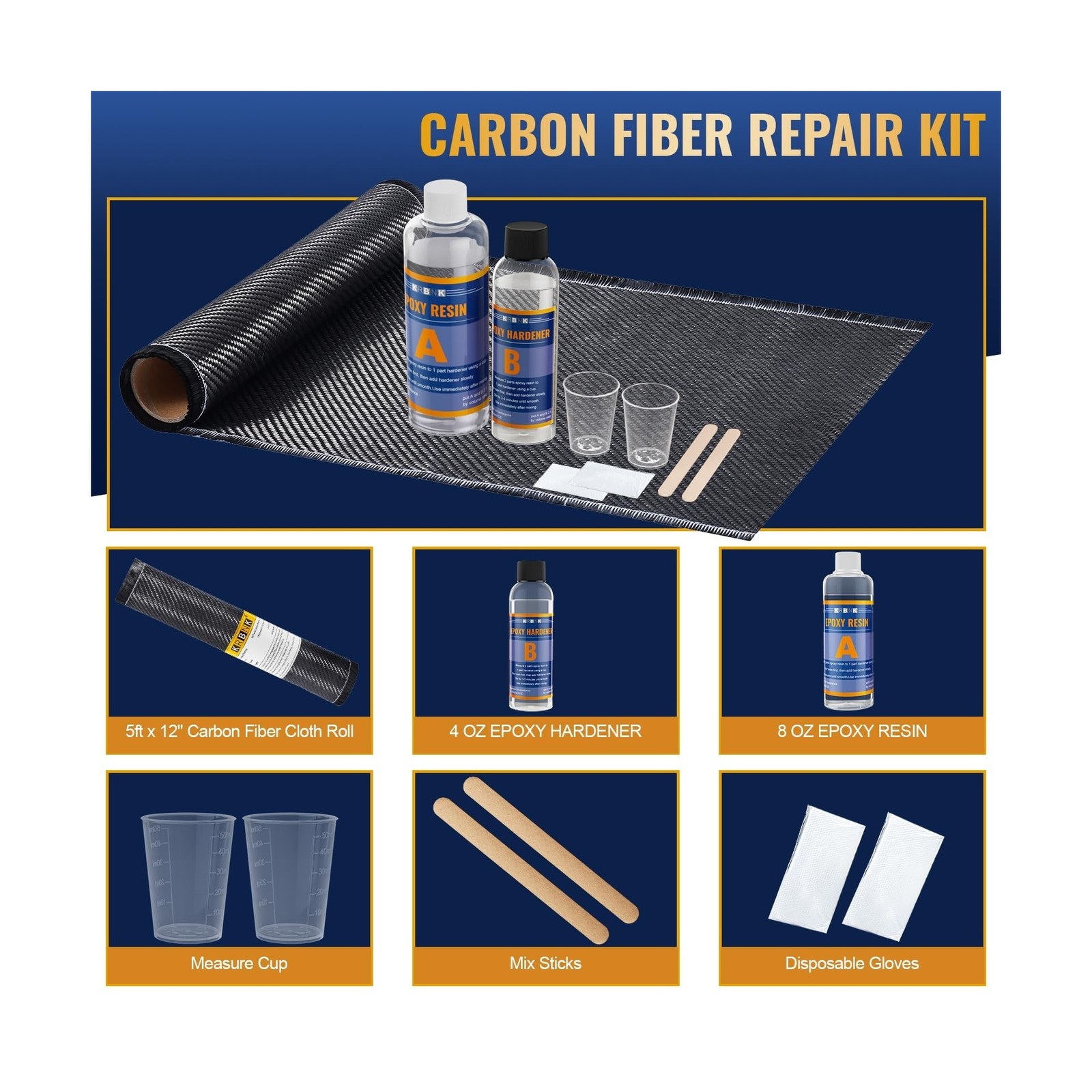 5FT Carbon Fiber Repair Kit, 12″ Carbon Fabric Fiber Cloth Roll, 8OZ Epoxy Re…