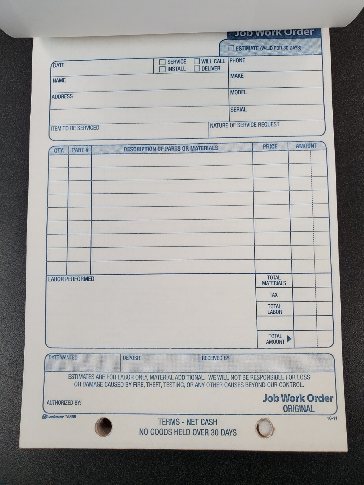 ABFT5868 Adams Job Work Order Book 3-Part Carbonless 33 Sets Each – PACK OF 10