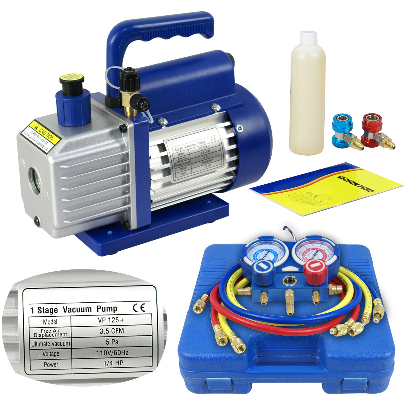 Dual Gauge A/C Diagnostic Manifold Tester Set R134a + 3CFM 1/4HP Vacuum Pump KIT