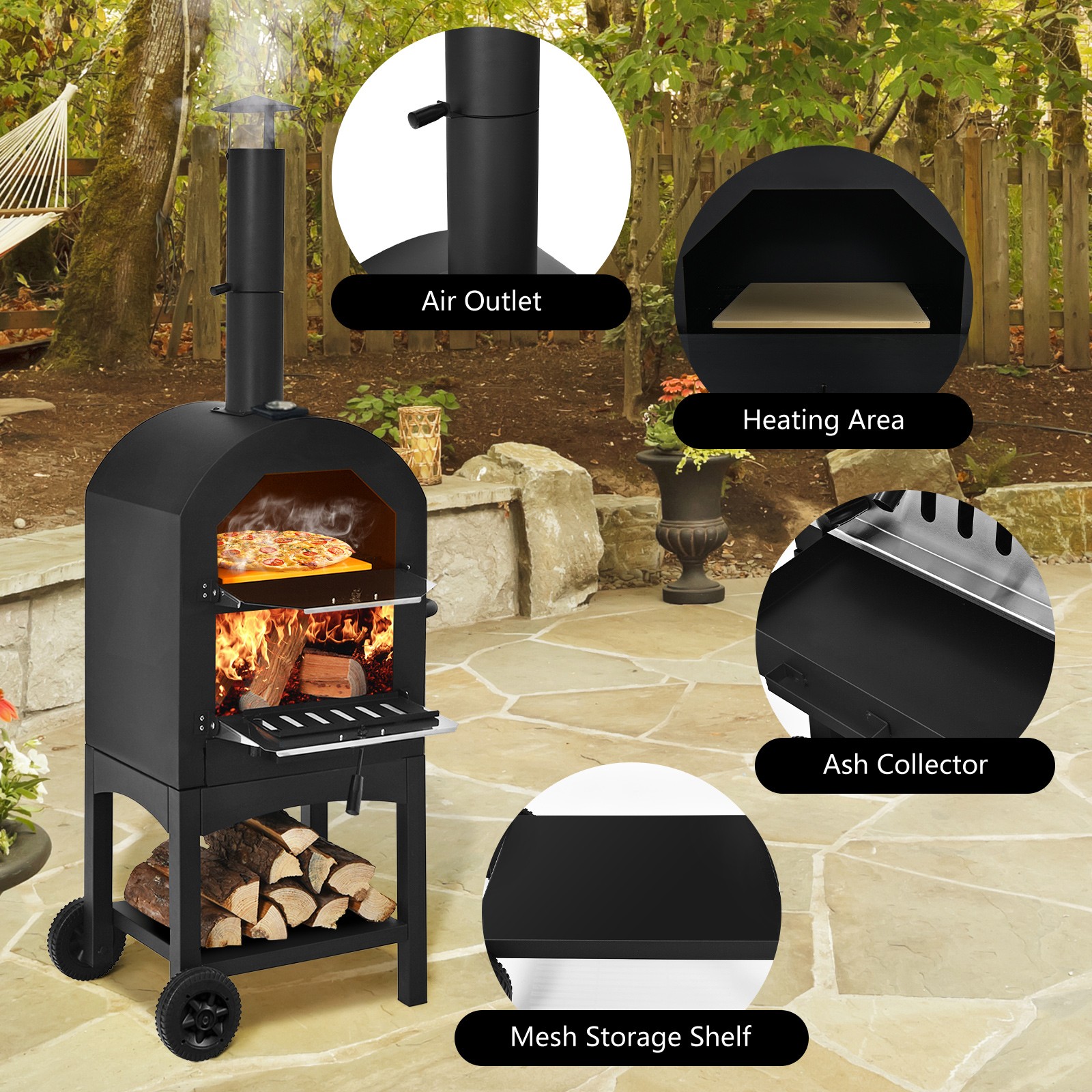 Pizza Oven Wood Fire Pizza Maker Grill w/ Waterproof Cover&Pizza Stone Outdoor