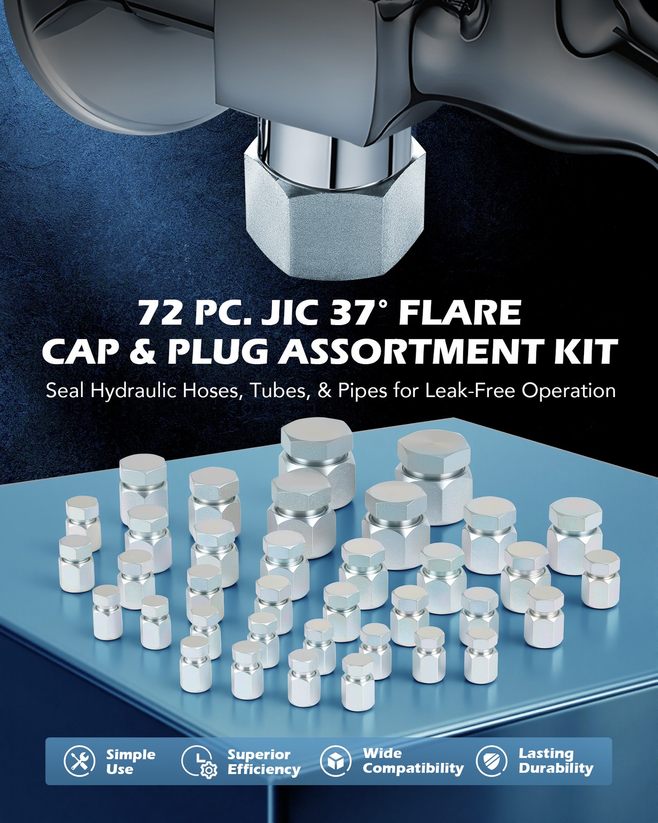 ZELCAN 72 pc JIC Hydraulic Cap and Plug Hose Tube Pipe Fitting Cap Kit 37° Flare