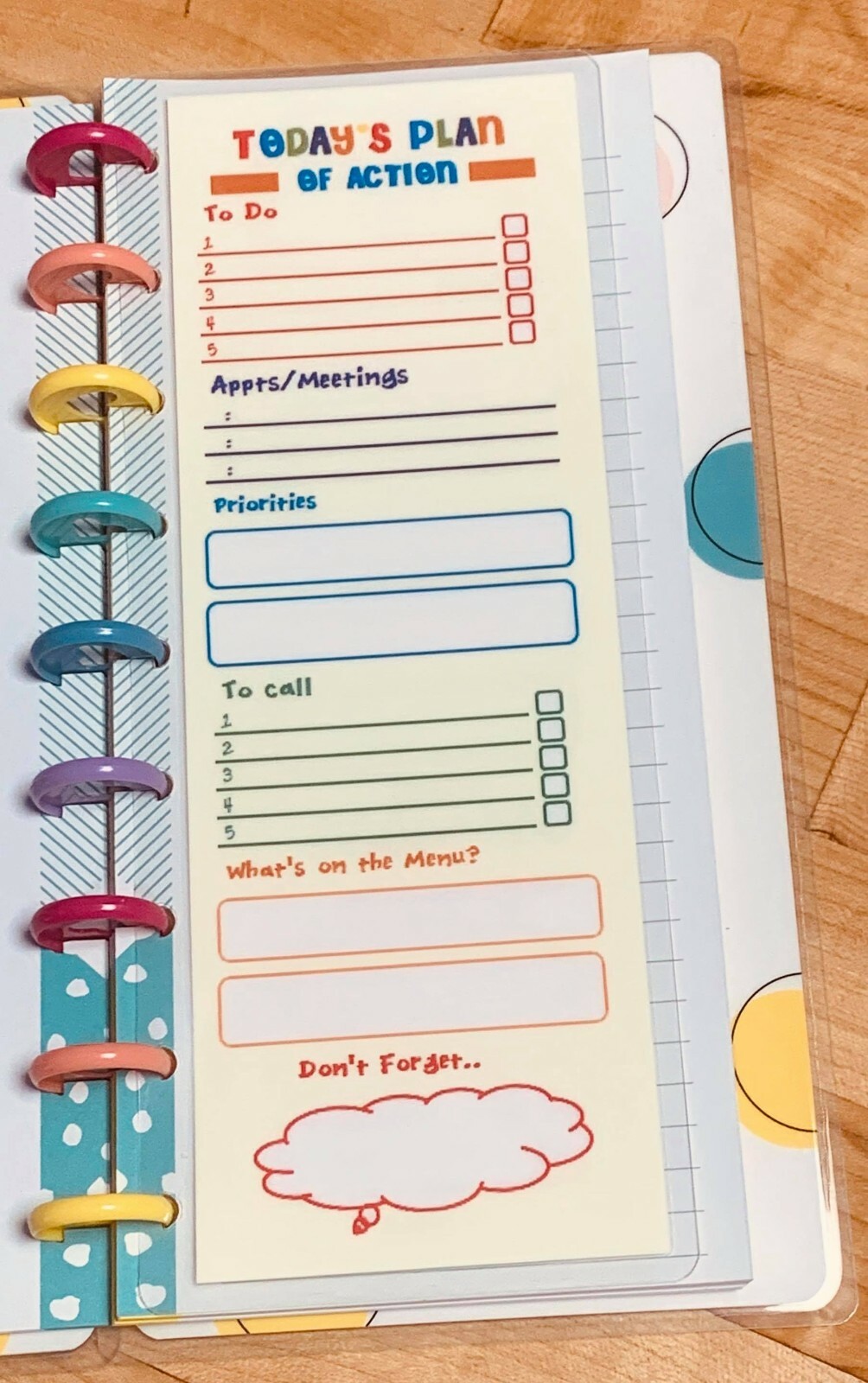 Today’s Plan of Action Dashboard Insert for use with Half size HP Notebook