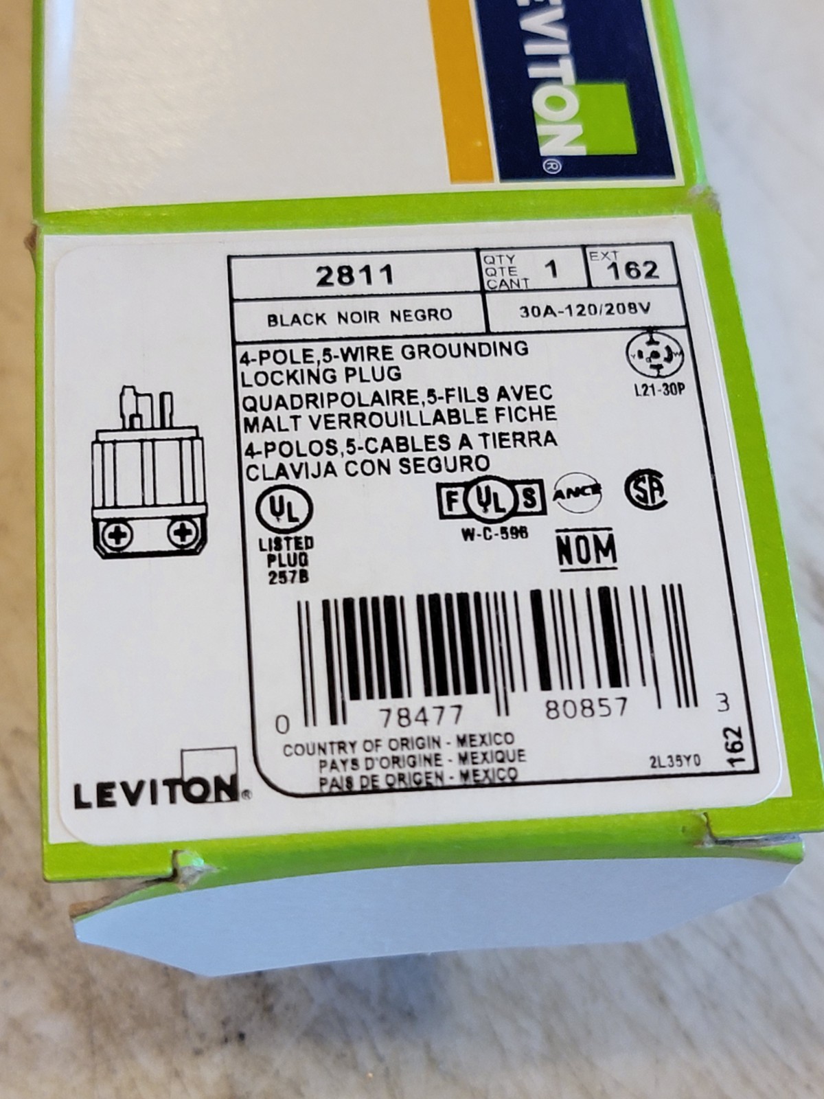 LEVITON 2811 30-AMP 120/208V 4-POLE, 5-WIRE, LOCKING PLUG GROUNDING