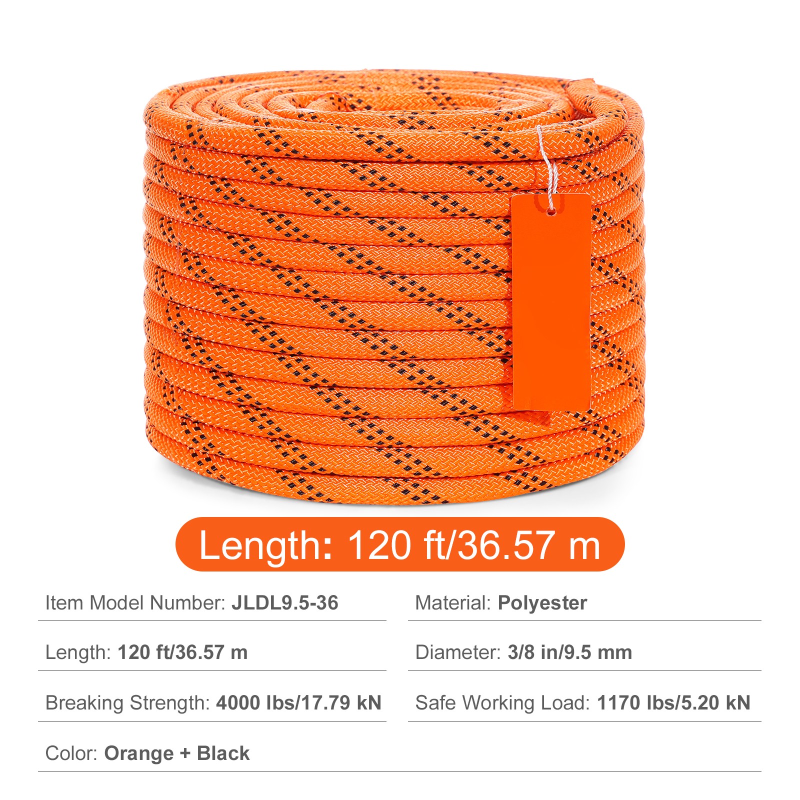 VEVOR Arborist Tree Climbing Rope Double Braid Polyester 3/8″ x 120′ 48-Strand