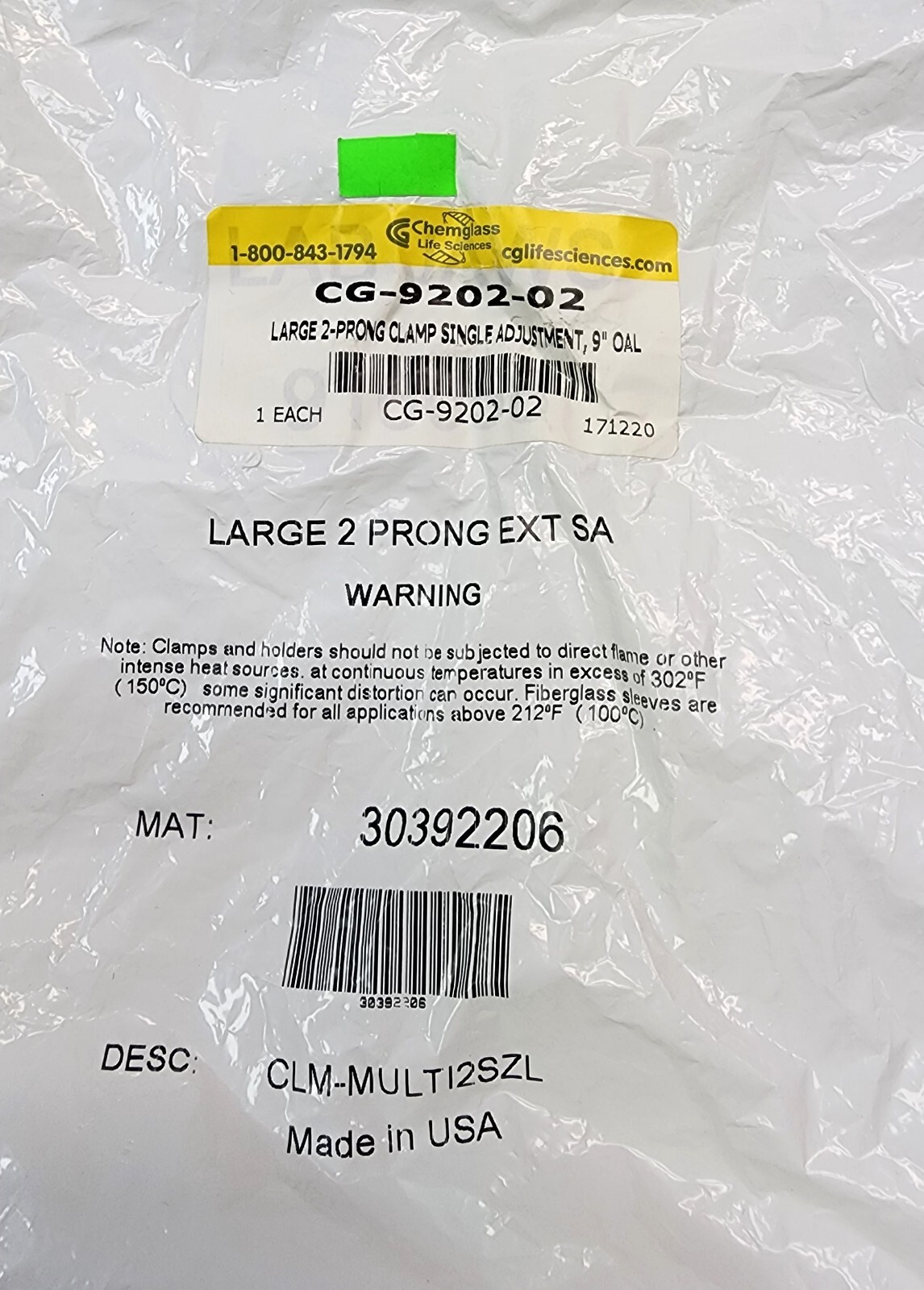CHEMGLASS Lab Clamp, Two-Prong Extension, Large, Single Adjust 9.02in