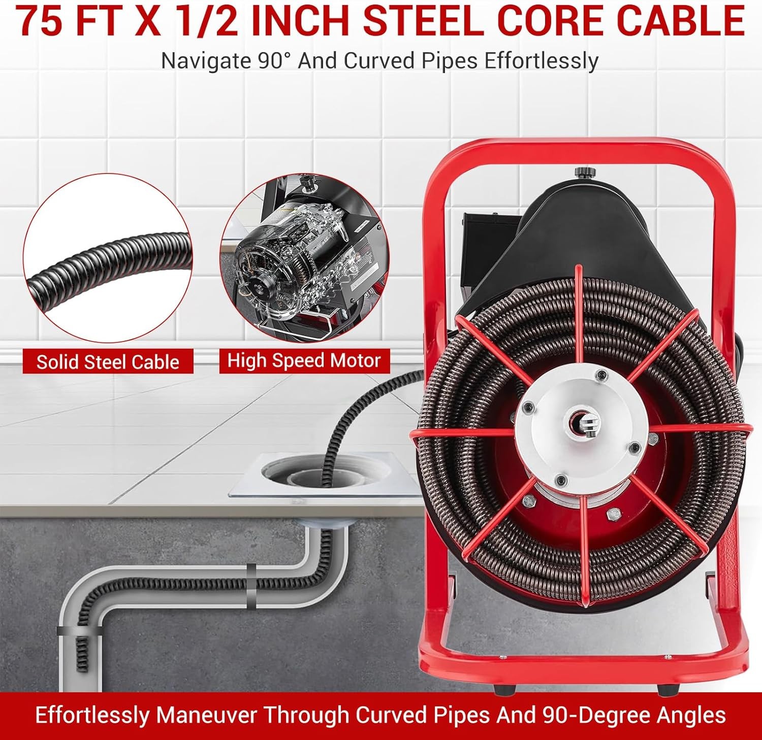 Drain Cleaner Machine Electric Drain Auger 75 FT x 1/2 In Auto Feed 1850RPM 450W