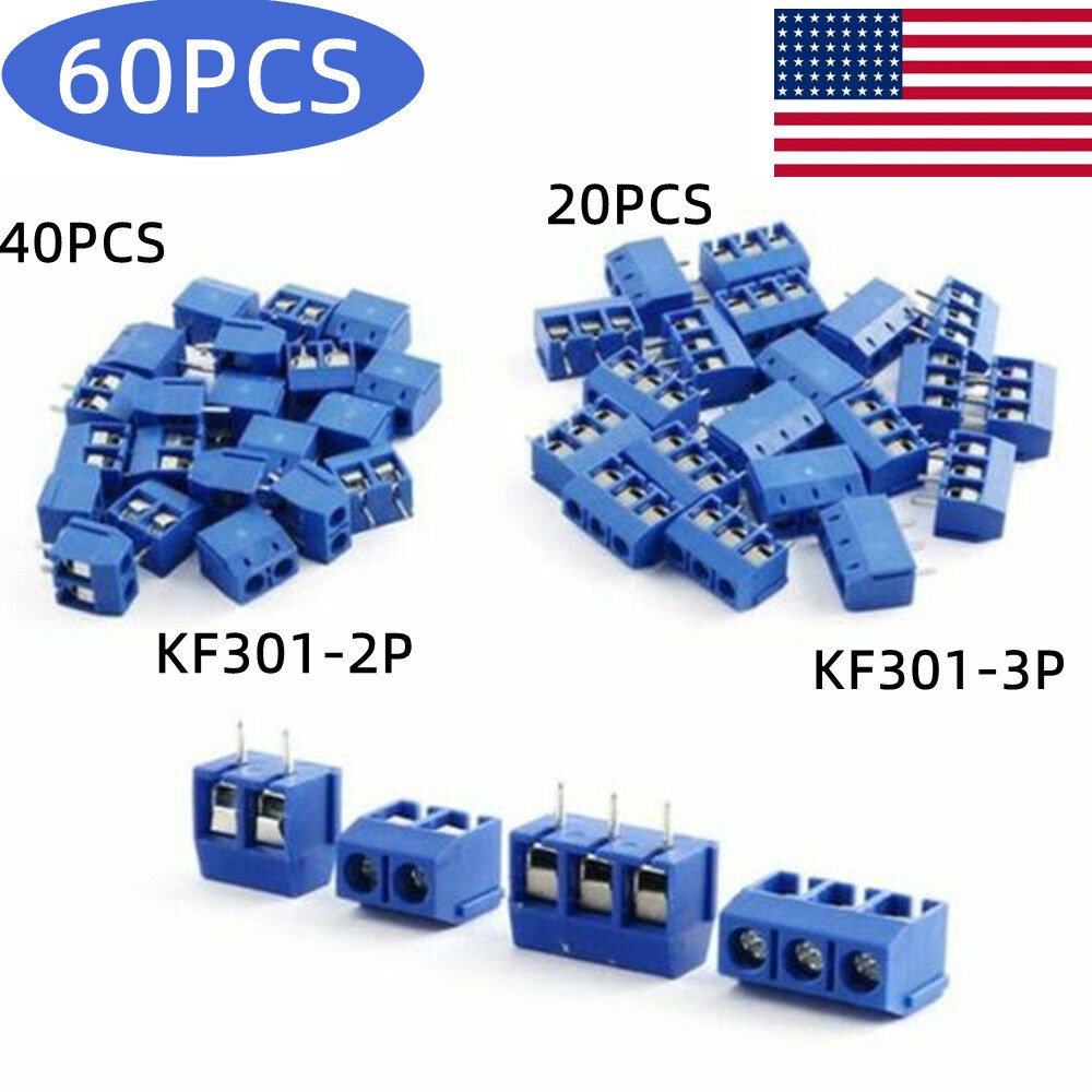 5mm Pitch 2/3Pin 60PCS KF301-2P/3P PCB Mount Screw Terminals Block Connectors
