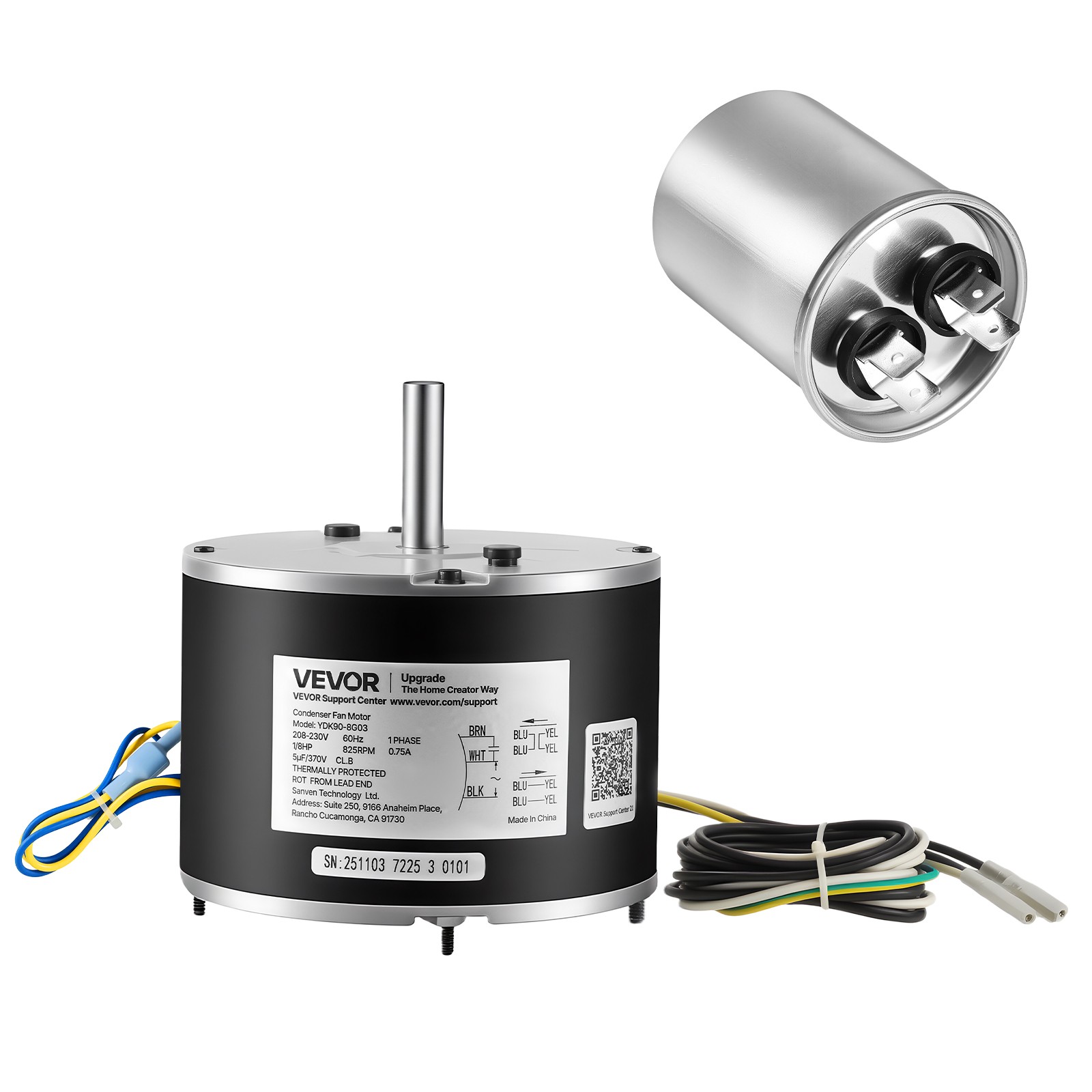 VEVOR Condenser Fan Motor with Capacitor 1/8HP 825RPM 208-230V CW/CCW Rotation