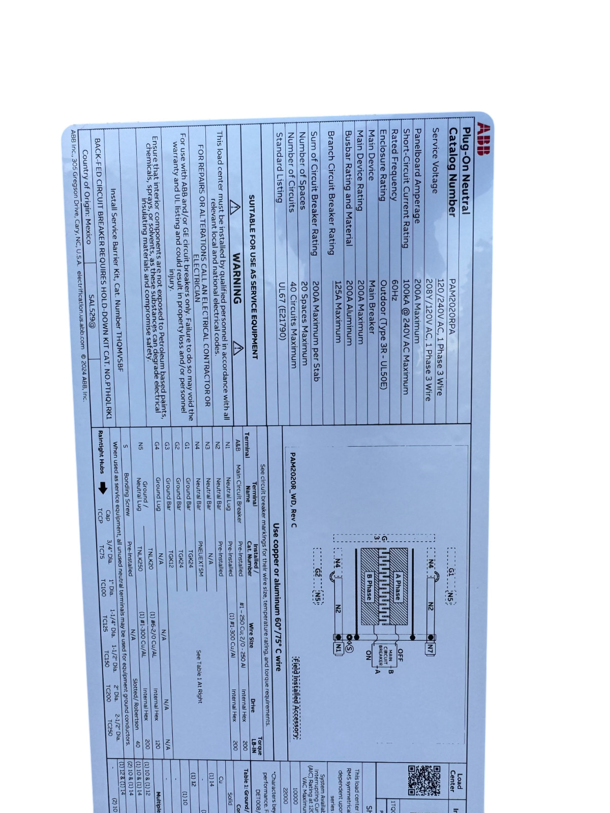 ABB 200A 20 Space 40 Circuit Outdoor Main Breaker Panel PAM2020RPA *READ*