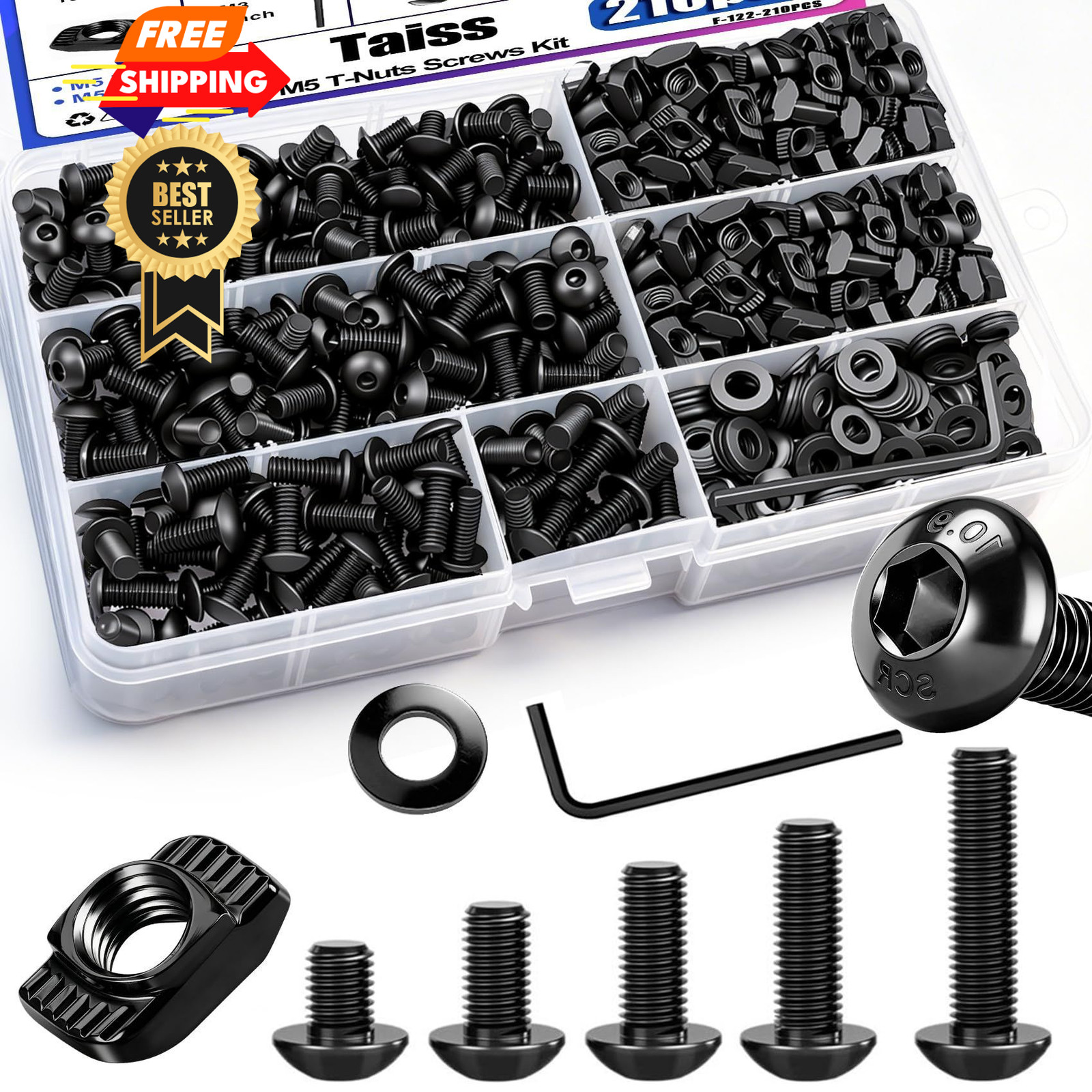Taiss 210PCS M5 T-Nuts and Bolts Kit for Screw Kit, Black