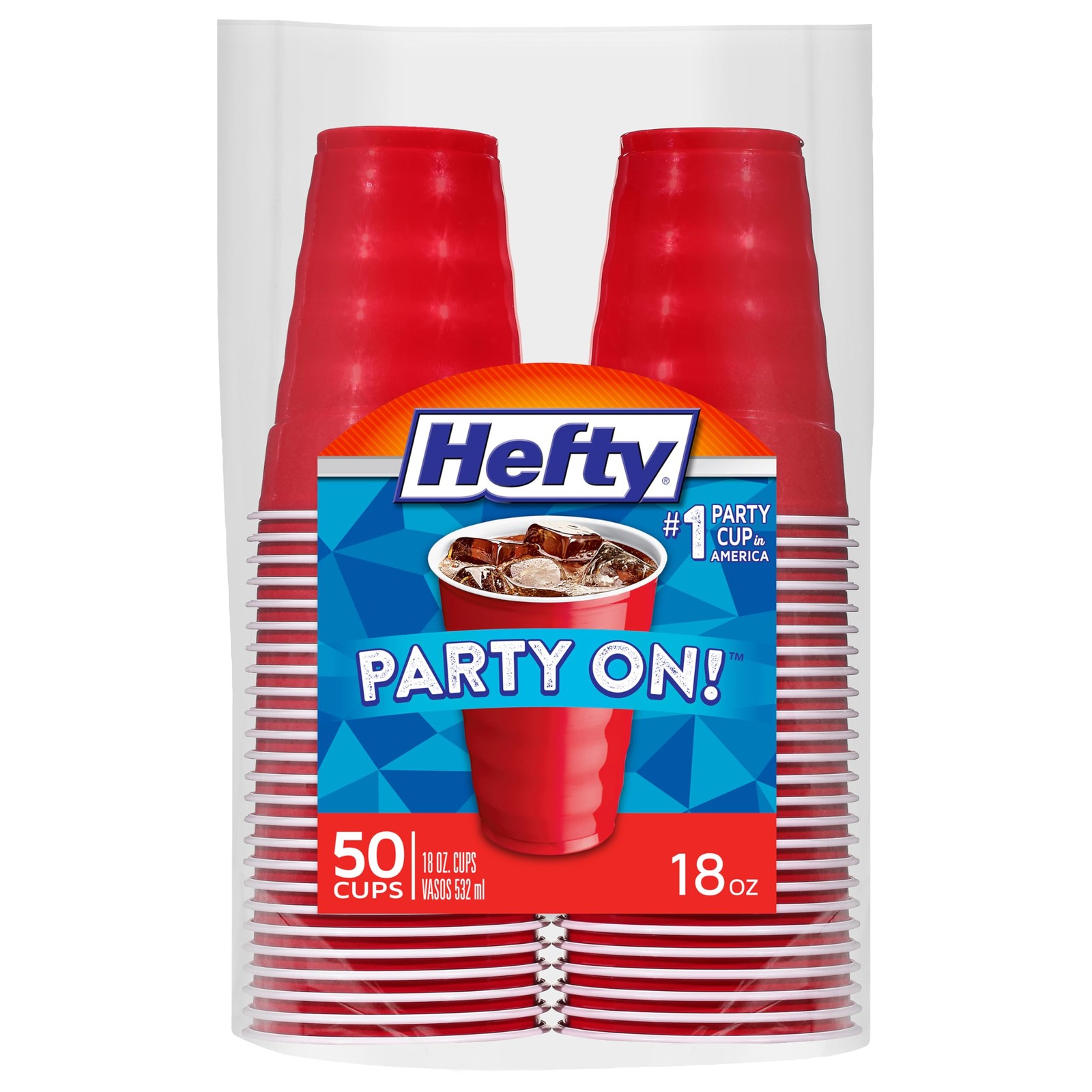 Party On Disposable Plastic Cups, 50 Count, 18 Oz 50 count, Red