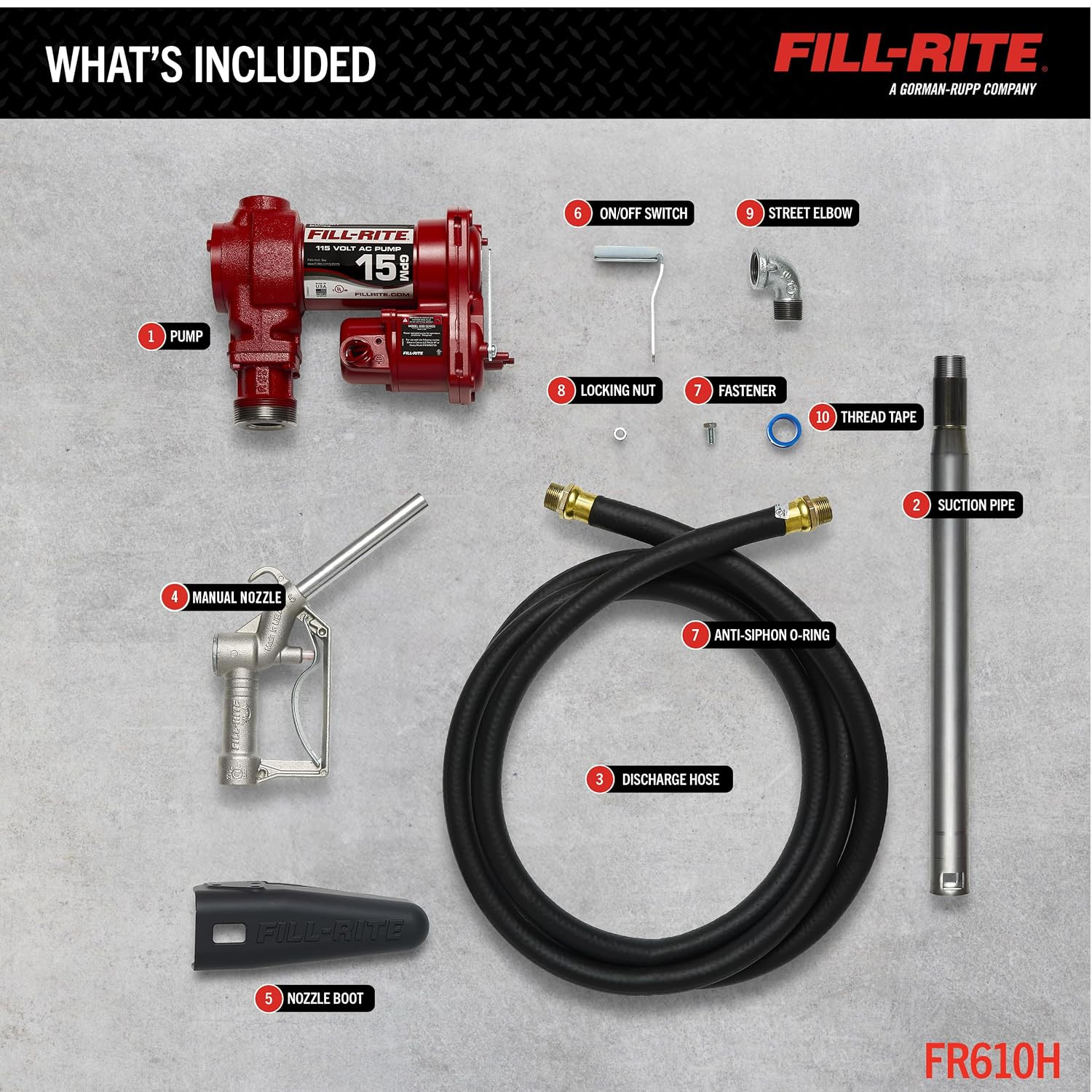 Fill-Rite FR610H 115V 15 GPM Fuel Transfer Pump W/Discharge Hose & Manual Nozzle