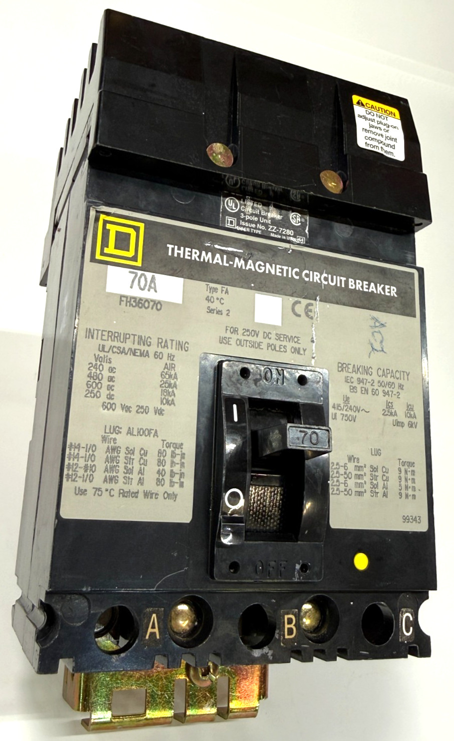 Square D FH36070 70Amp 3Pole 600V 25kA I-Line Circuit Breaker High Interrupting