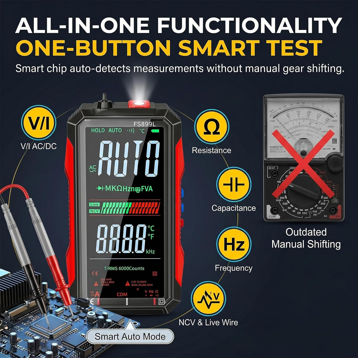 2026 Upgraded FS899L Digital Multimeter & 20 pcs Silicone Test Leads Kit, USB-C