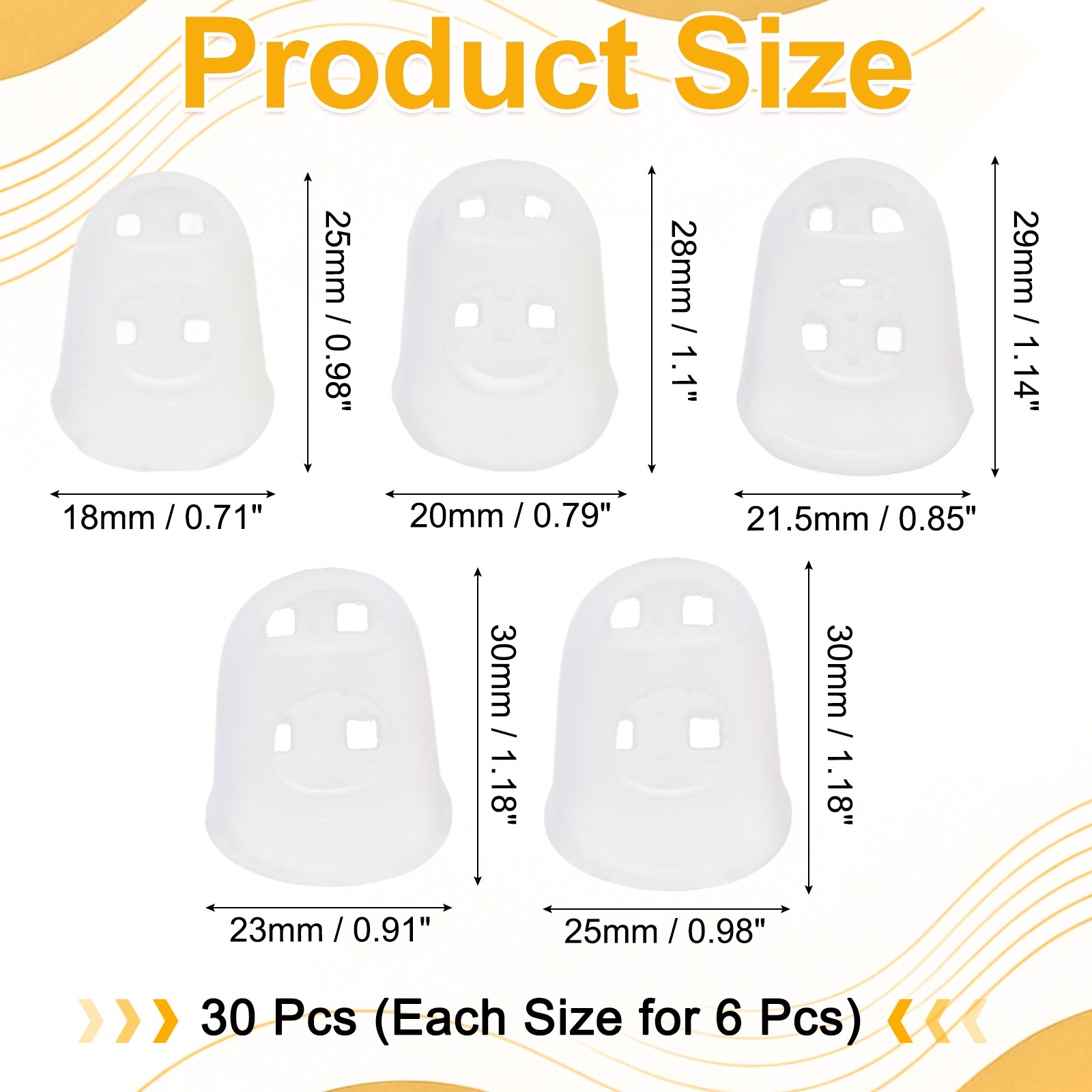 30 Pcs Silicone Finger Tips, 18/20/21.5/23/25mm Reinforced Finger, Translucent