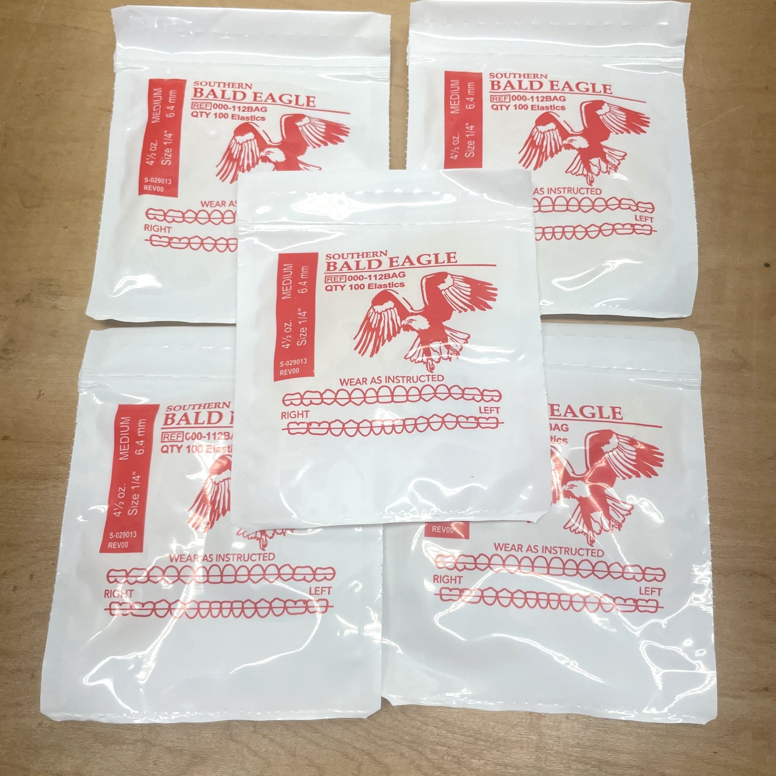 5 Bags (500) American Orthodontics Braces Elastics Southern Bald Eagle 4.5 1/4″