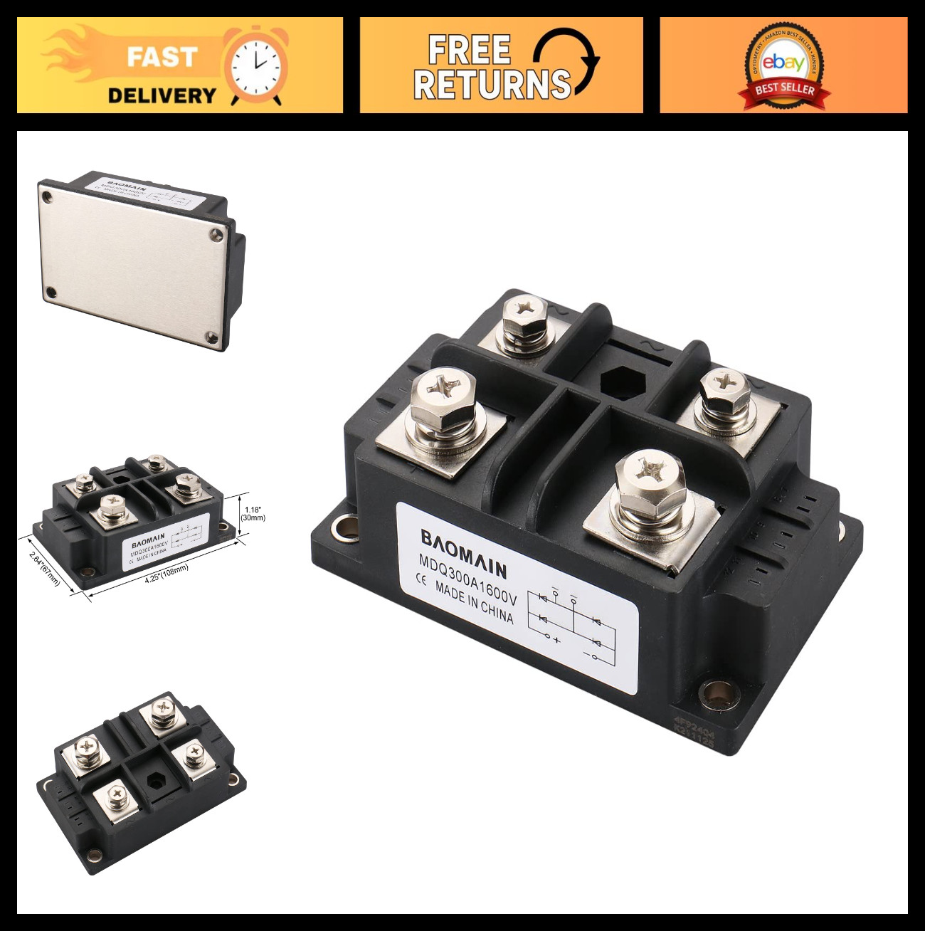 300A 1600V Bridge Rectifier Diode Module, Single Phase AC to DC, 4 Terminals, Is