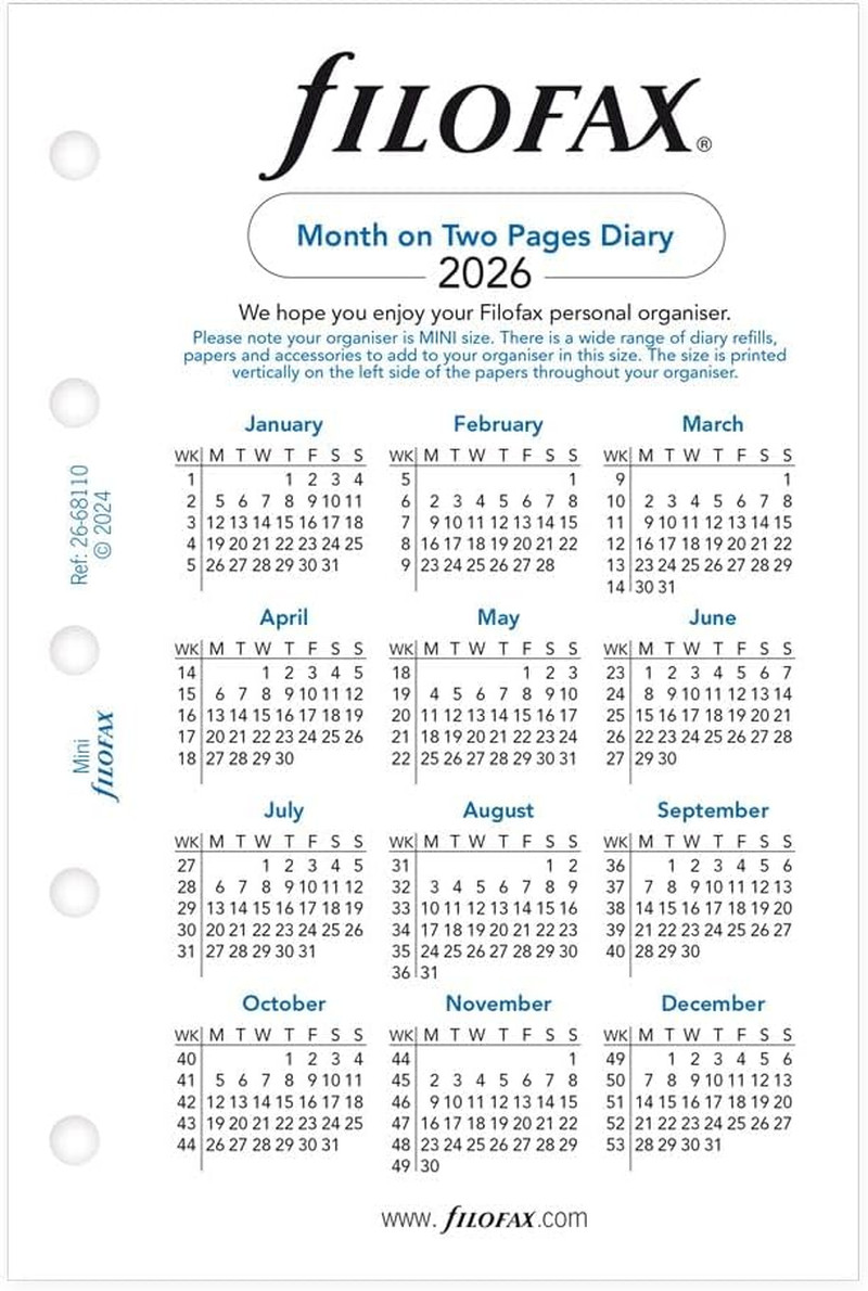 C68110-26 Mini Size Month-To-View Calendar Diary Refill White Paper 2026
