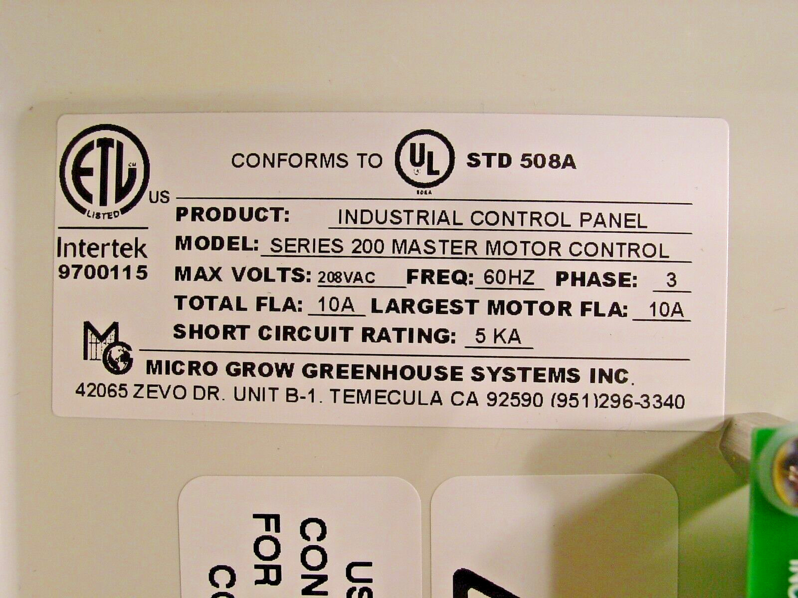 Micro-Grow Greenhouse System Series 200 Master Motor Control Unit 3-Phase 208VAC