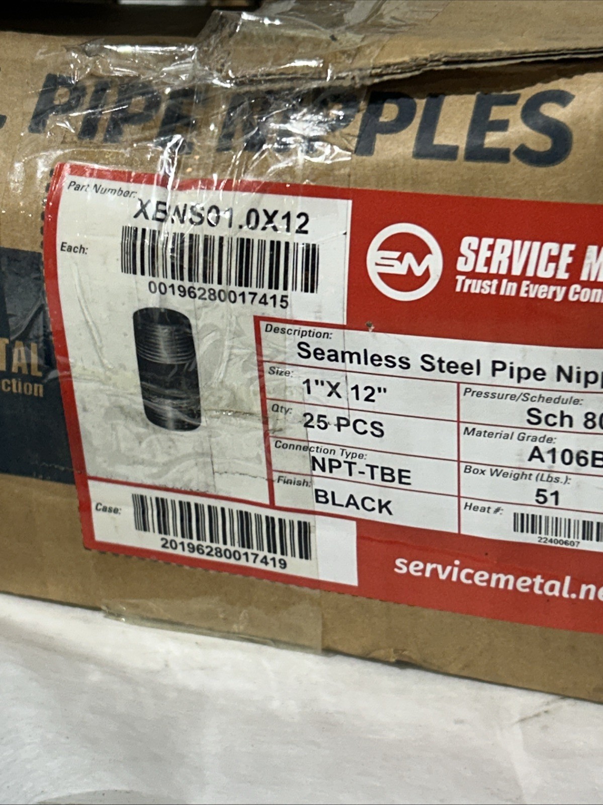 1”x12” Seamless Steel Pipe Nipple Schedule 80. Black, Npt, Service Metal