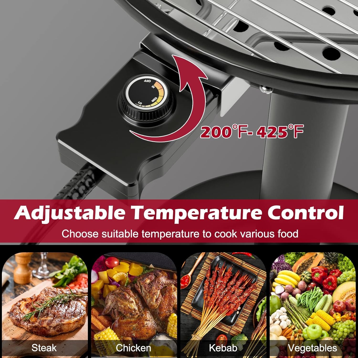 Outdoor Electric Grill 1600W,Stand BBQ Grill w/Warming Rack for 15-Serving,Adjus