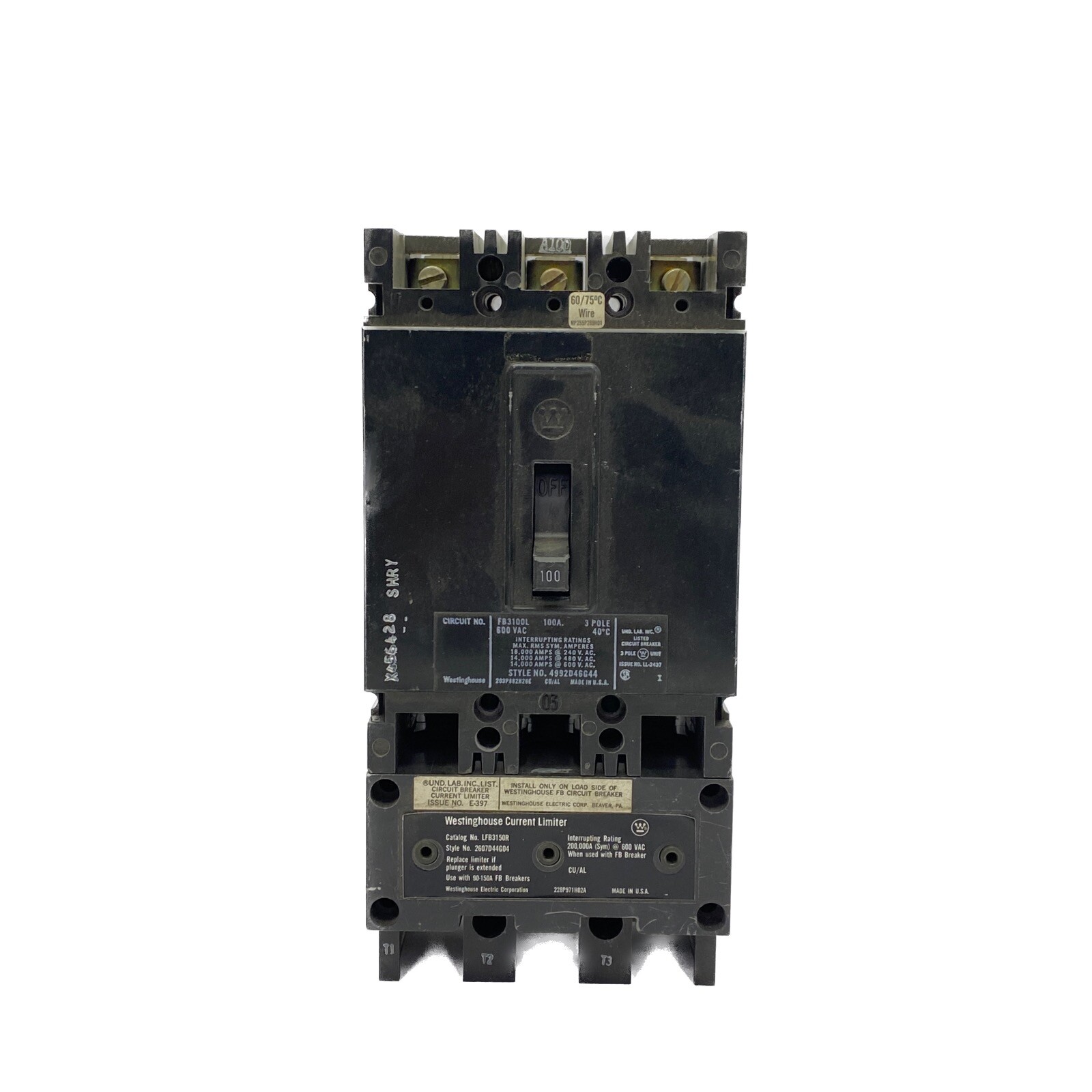 Westinghouse 100A 600VAC 3P Circuit Breaker FB3100L w/ Current Limiter LFB3150R