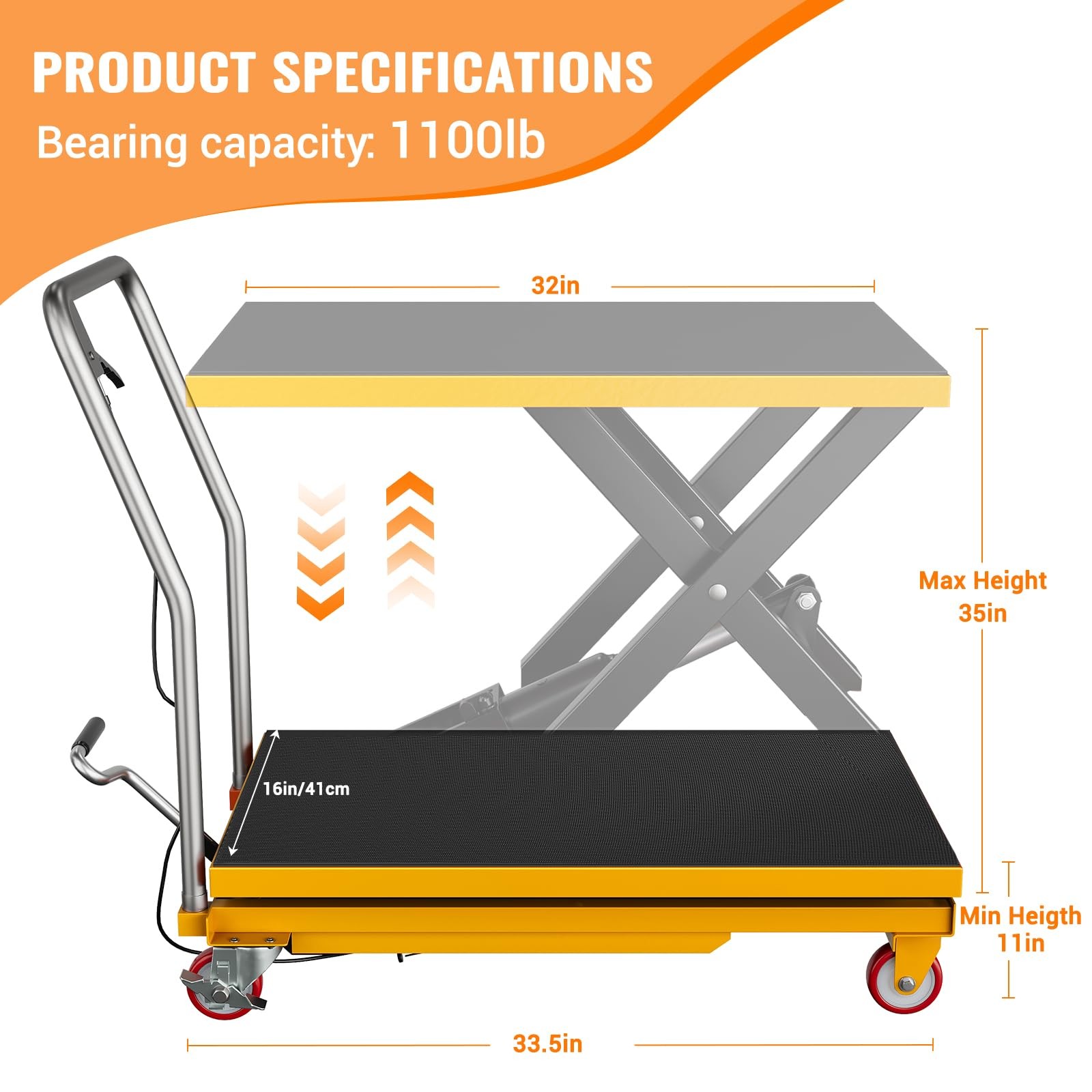 Garvee 1100Lbs Hydraulic Scissor Lift Cart 32″ Manual Lift Table w/ Wheels