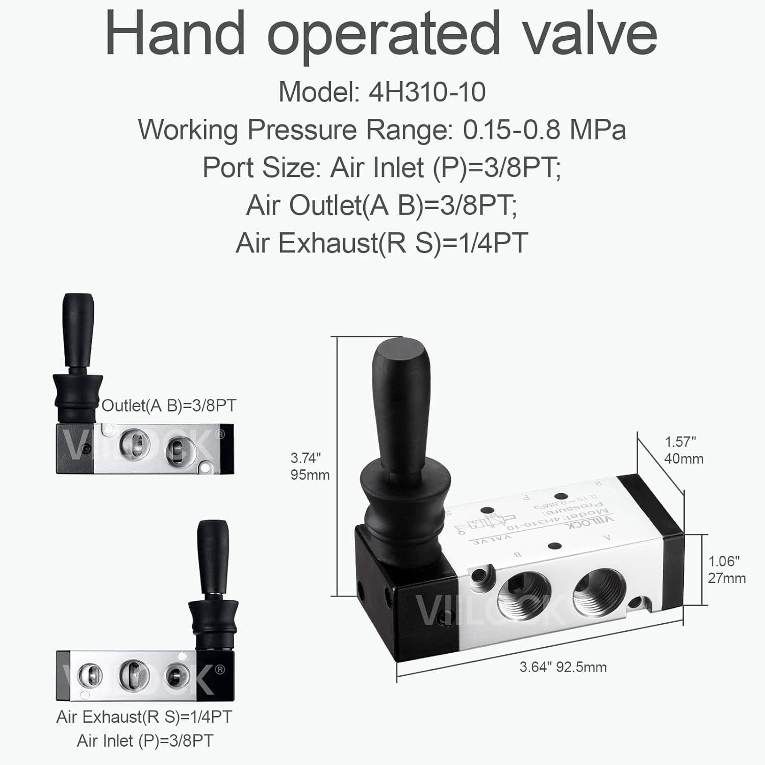Pneumatic Air Hand Lever Valve, 5 Way 2 Position 3/8”NPT Solenoid Valve Manual C