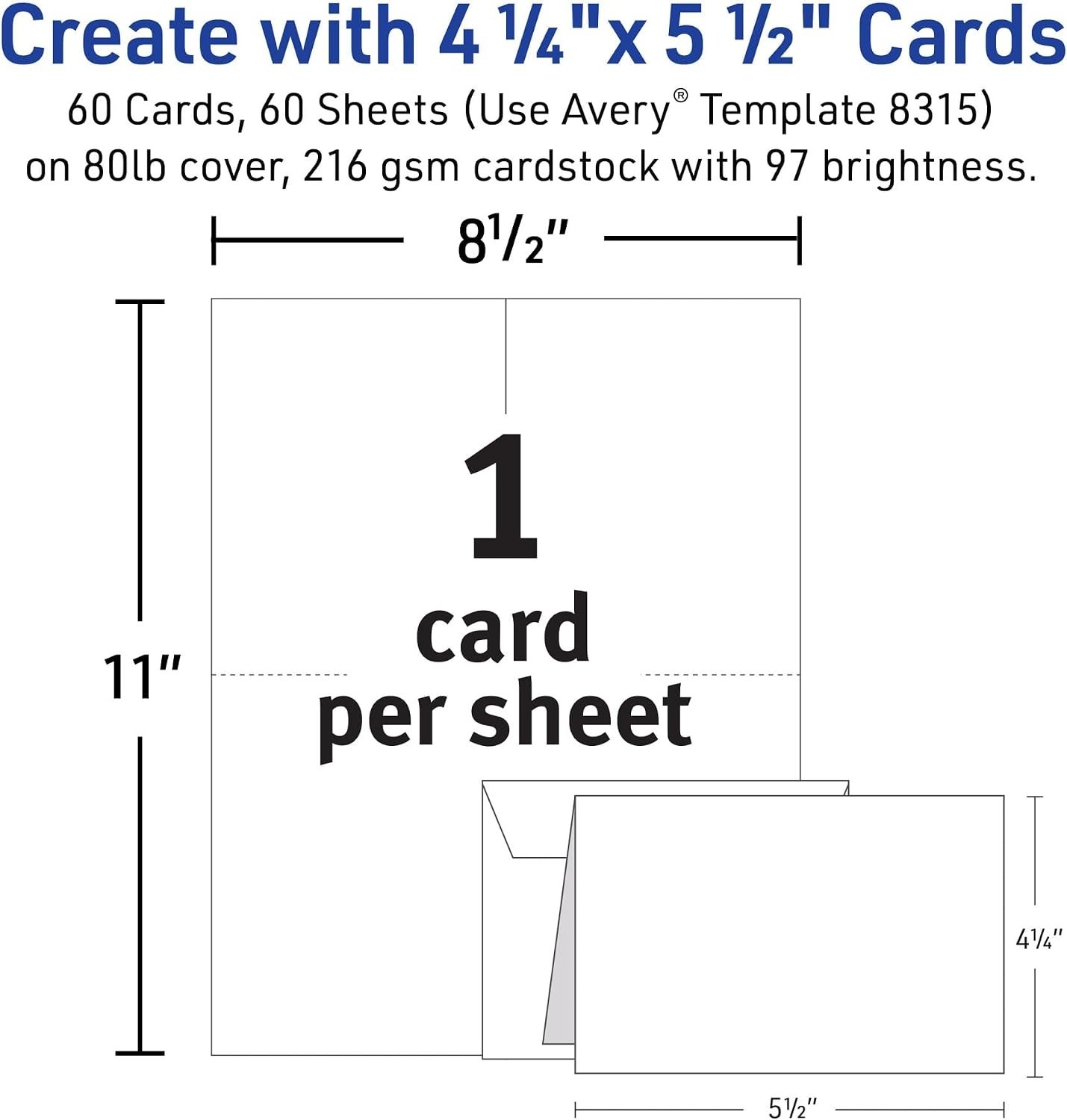 Avery Printable 60 Note Cards+Envelopes 4.25″ x 5.5″ Matte White, Inkjet 8315