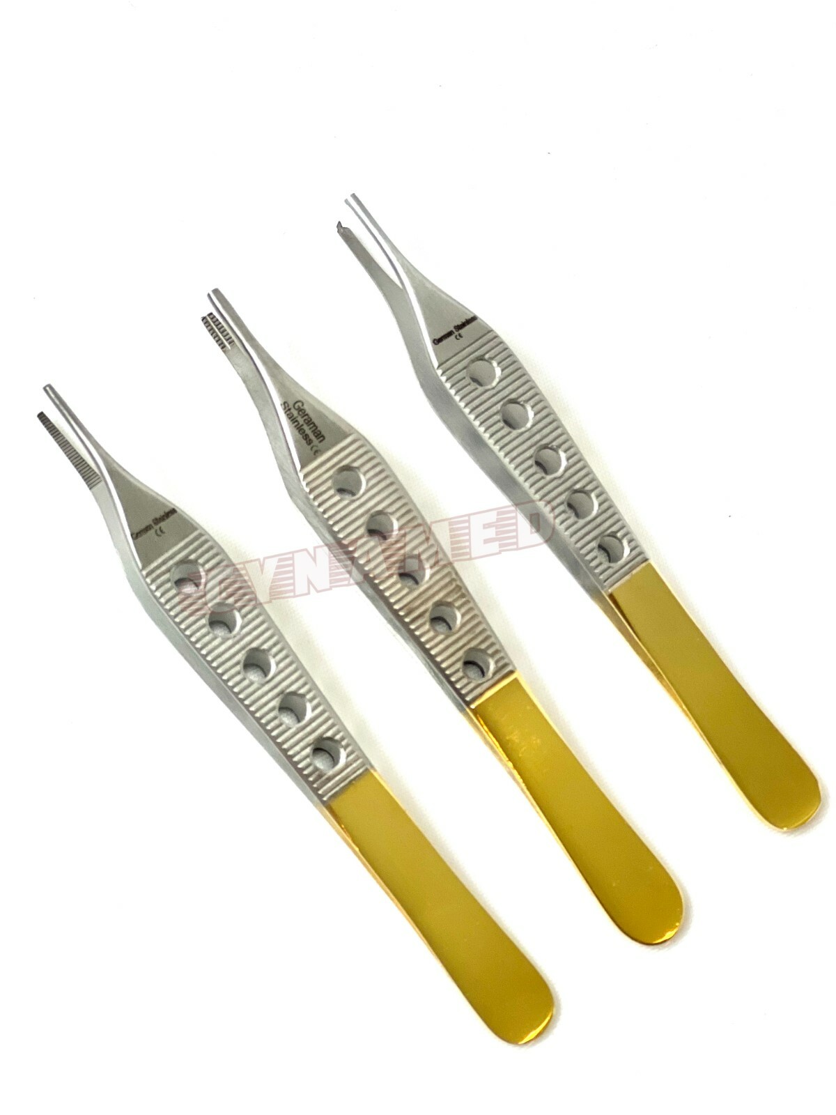 3 PCS GERMAN GOLD HANDLE ADSON TISSUE+BROWN+DRESSING FORCEPS 4.75″ FINESTRATED