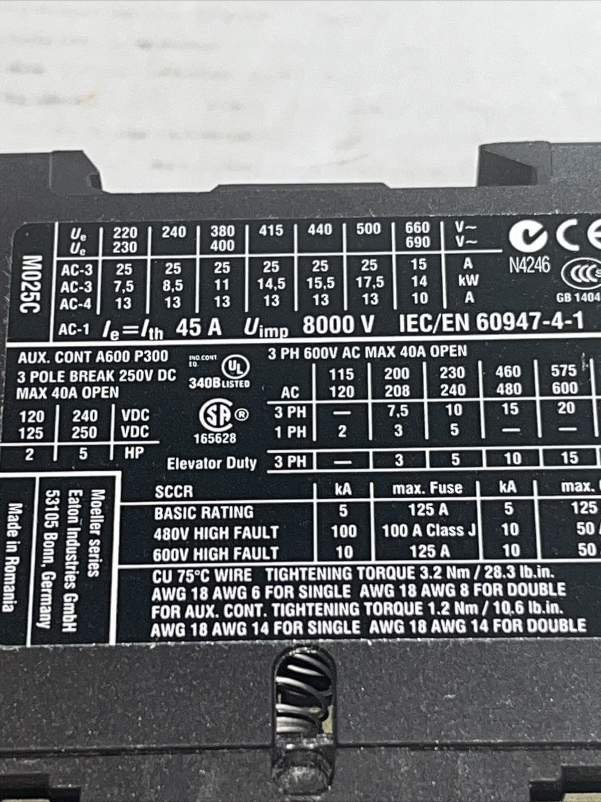 Eaton XTCE025C01, DIL M25-01, 208/60HZ, 3pol, Contactor, New Open Boxes