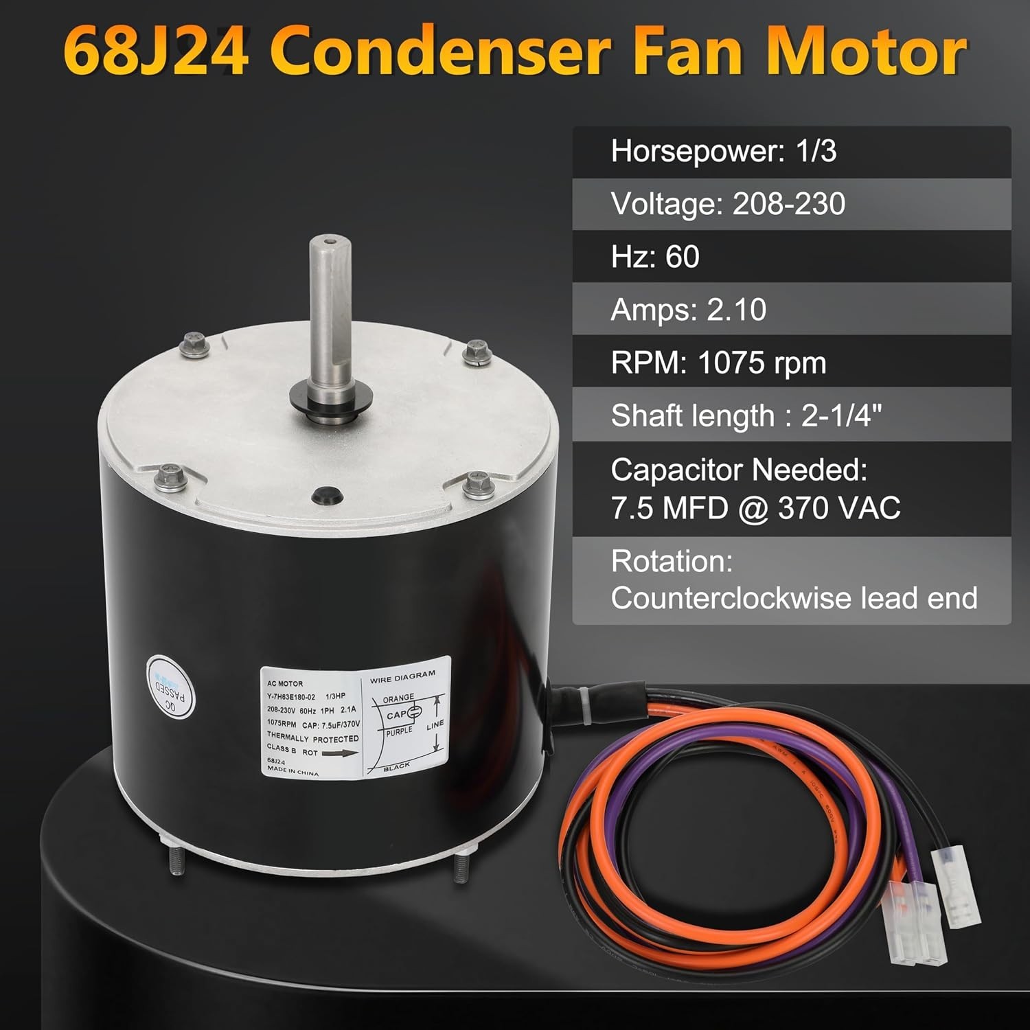 68J24 Condenser Fan Motor Replaces Lennox 68J2401, 1/3 HP, 208/230V 1 Phase
